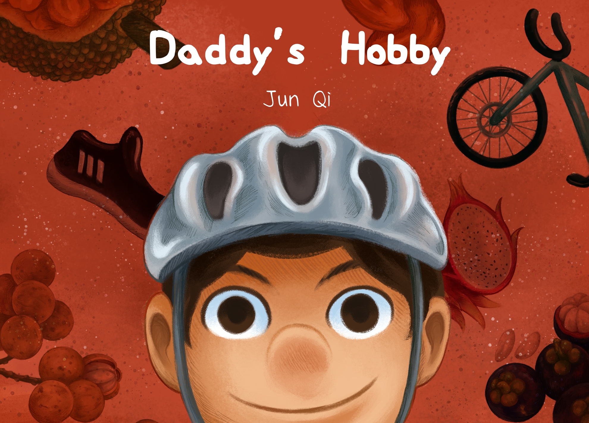 Book cover of Daddy's Hobby, digital illustration showing a close-up of a man's head alongside silhouettes of cycling equipment and fruits.