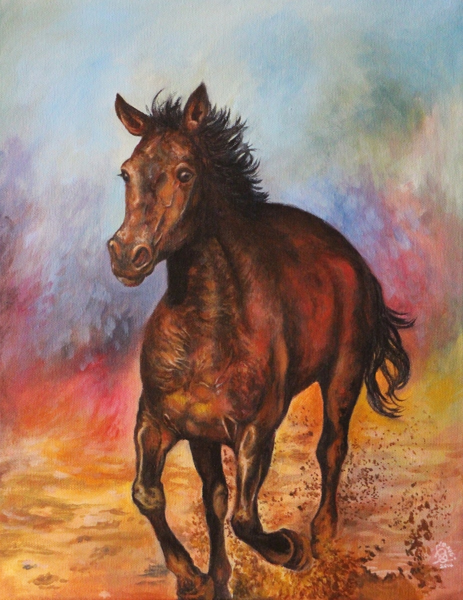 Acrylic painting of a horse galloping towards the viewer, kicking up dust against the backdrop of a rainbow-coloured sky