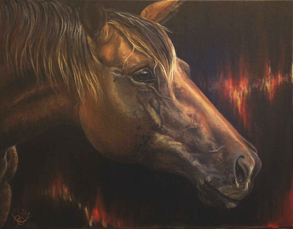 Acrylic painting close-up of a brown horse from the side, against a dark black background with red and golden streaks