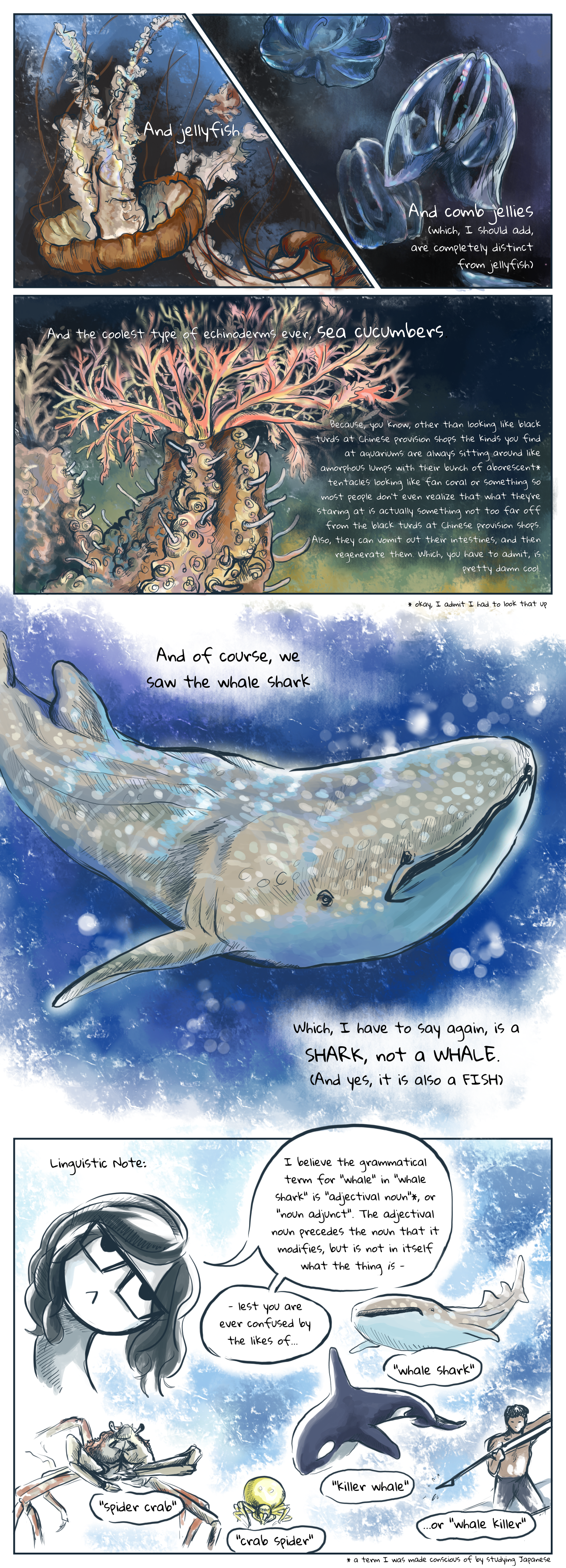 Page 2 of the 'Osaka Kaiyukan' episode of my webcomic, 'I Went to Japan', showing the various animals we see in the aquarium, including the famous whale shark
