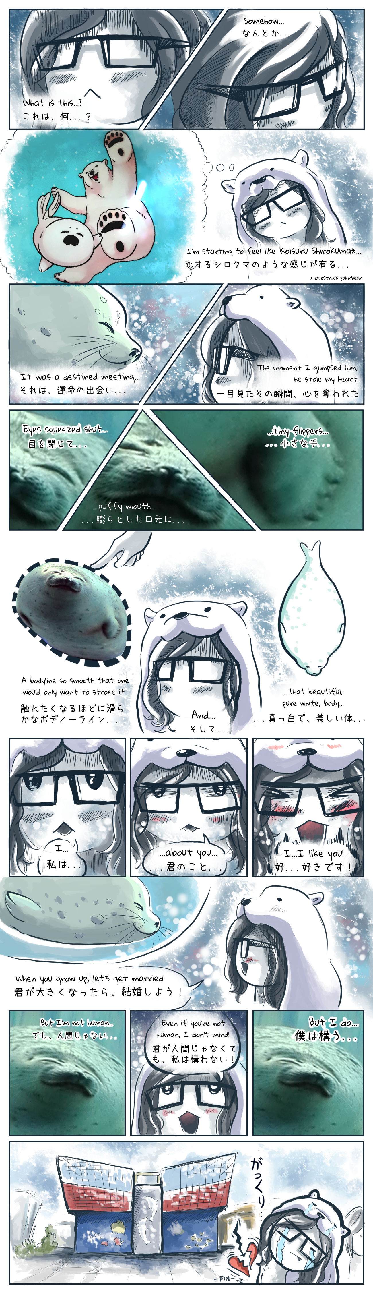 Page 4 of the 'Osaka Kaiyukan' episode of my webcomic, 'I Went to Japan', showing how the seal breaks my heart