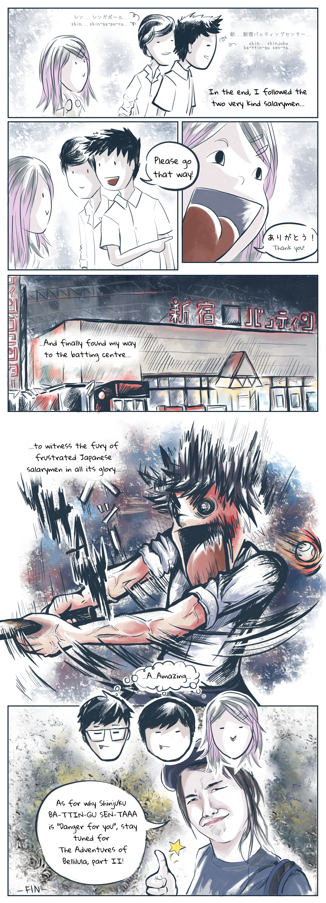 Page 2 of the episode 'The Adventures of Bellilula - Shinjuku Batting Center' of my webcomic, 'I Went to Japan', telling the story of my friend's adventures as she tries to find her way to Shinjuku, and finally makes it there to witness frustrated Japanese salaryman in all their batting glory.
