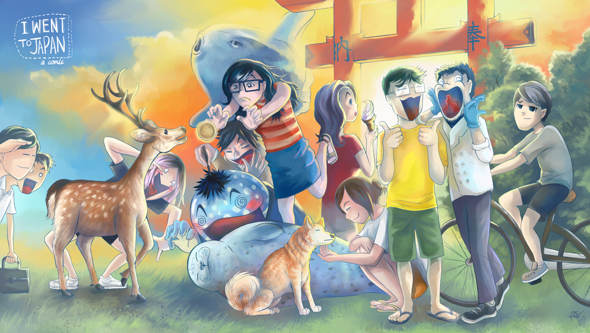 Digital painting of characters from a webcomic about my adventures in Japan, featuring me and my cast of friends, two astonished Japanese salarymen, a senbei-hungry deer, two drunk Osaka dudes (one of whom has transformed into a whaleshark), a cute, fat seal from the aquarium, a shiba inu, a Japanese streetside chef, a sunfish flying through the sky, against a dusky backdrop with a torii gate