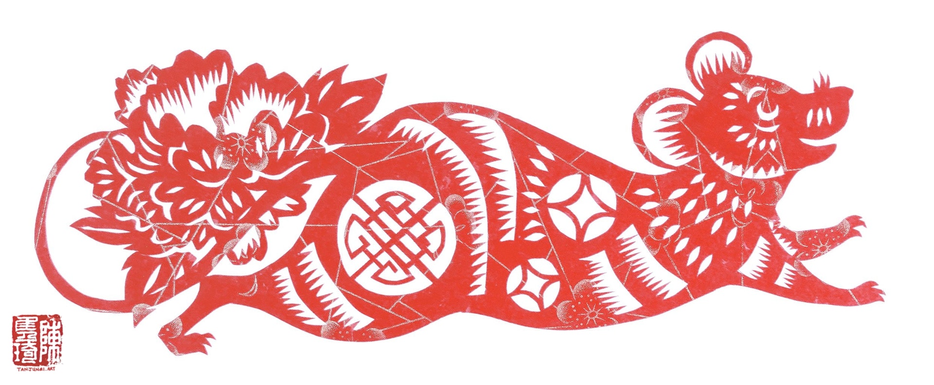 Chinese papercut of a smiling rat crawing along with its head arched upwards. A big peony blossoms behind its rear.