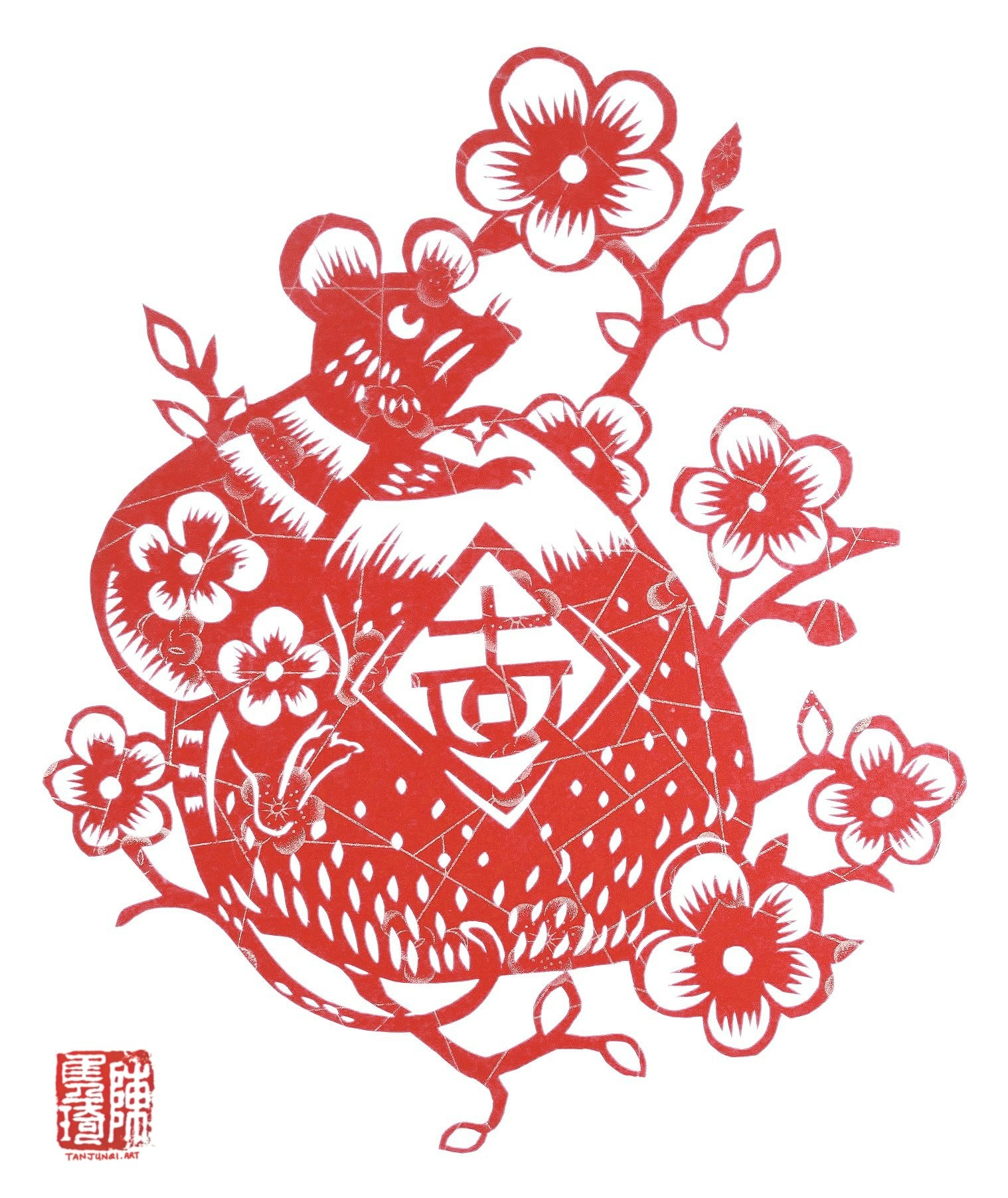 Chinese papercut of a rat sitting atop a pomelo with cherry blossoms all around