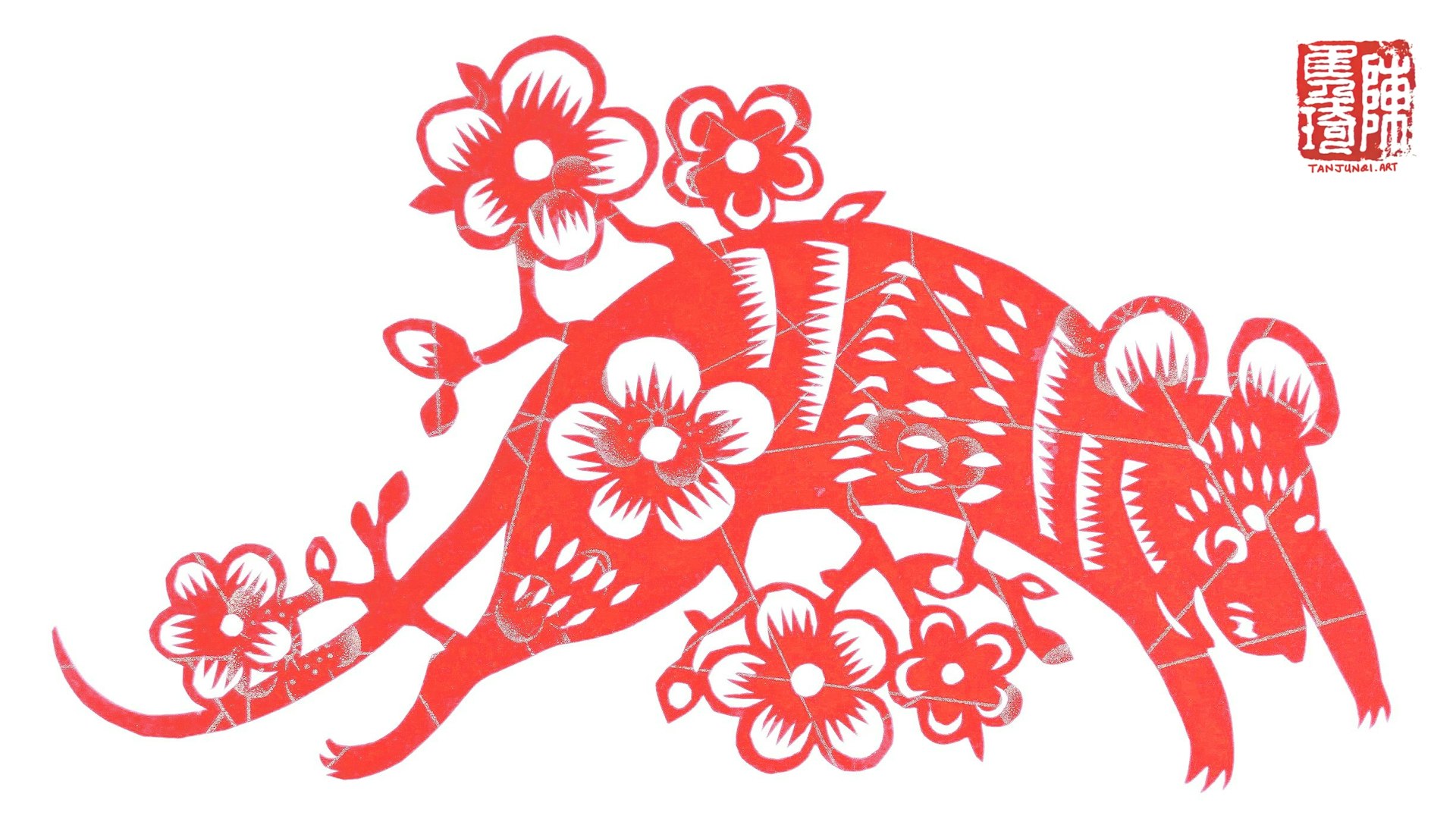 Chinese papercut of a rat prancing through the air amidst blooming cherry blossoms