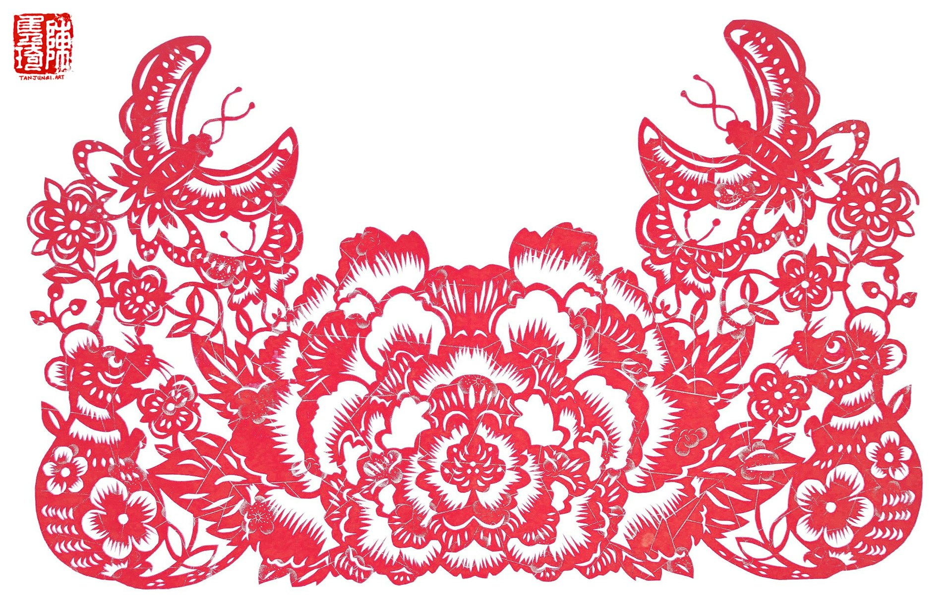 Symmetrical Chinese papercut with two rats sitting amongst big flower blossoms admiring butterflies in flight.