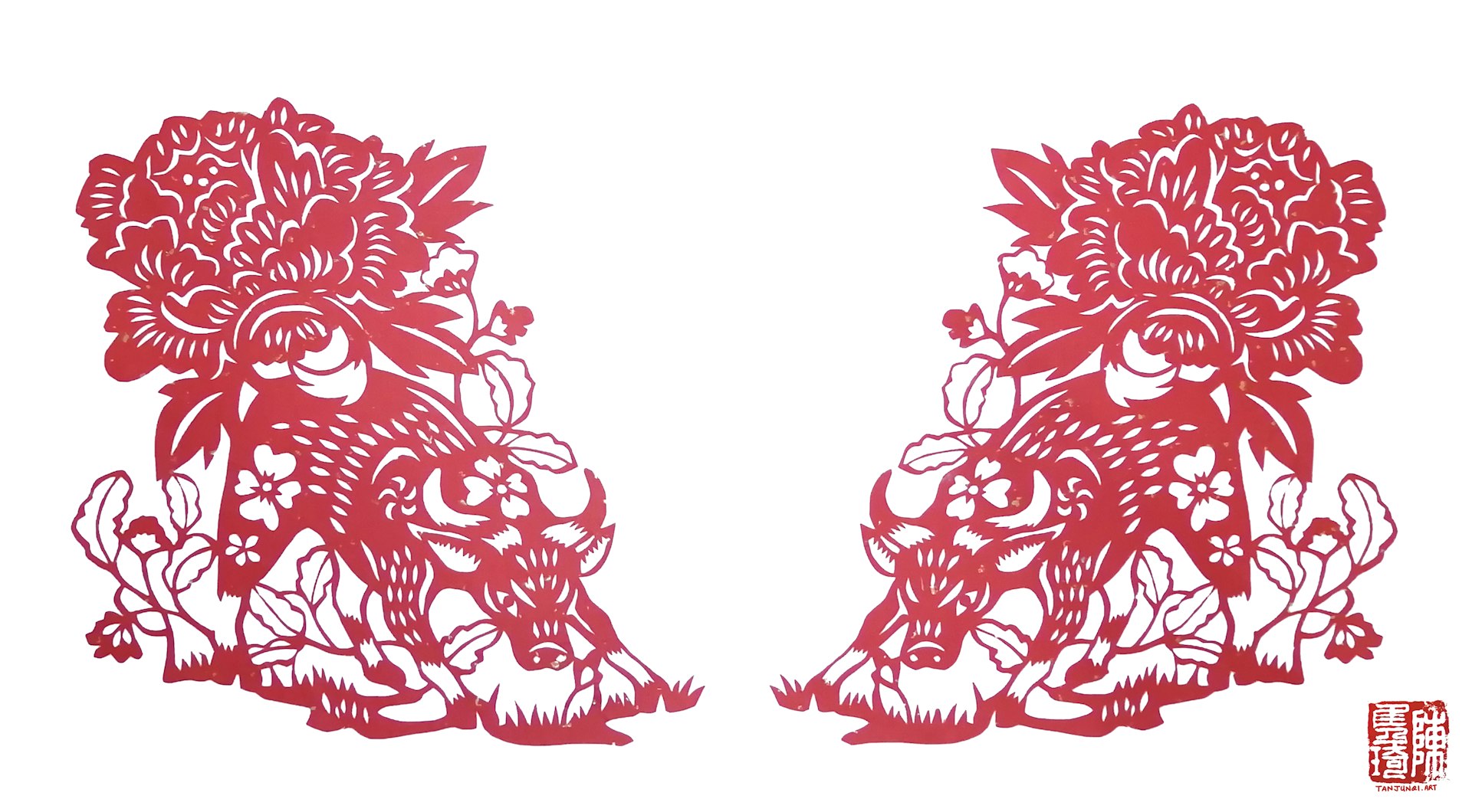 Pair of mirror-image Chinese papercuts, each showing a bull in charging position, with a huge peony blossoming above their arched backs.