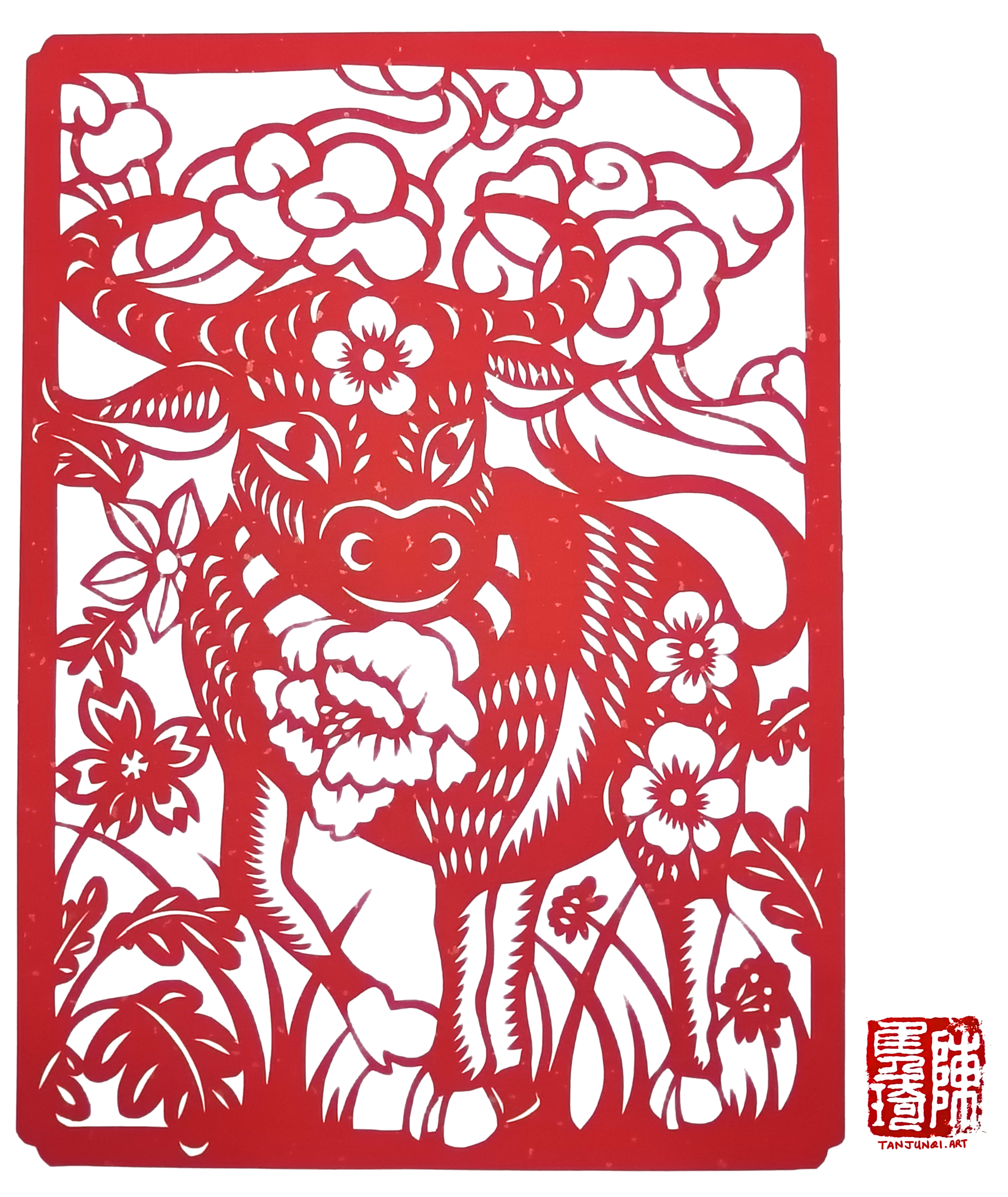 A Chinese papercut within a rectangular frame, showing a bull standing proudly amongst grass and flowers, against a sky filled with lucky clouds.