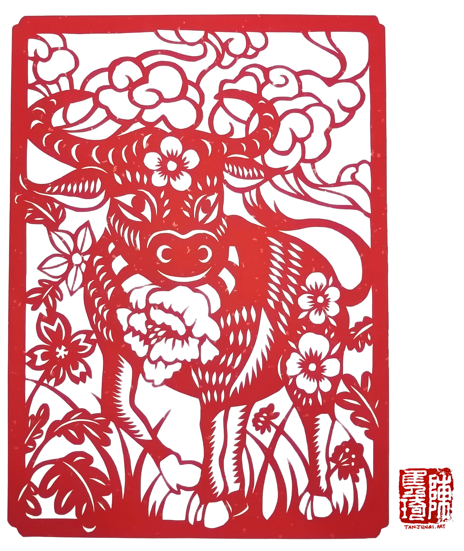 A Chinese papercut within a rectangular frame, showing a bull standing proudly amongst grass and flowers, against a sky filled with lucky clouds.