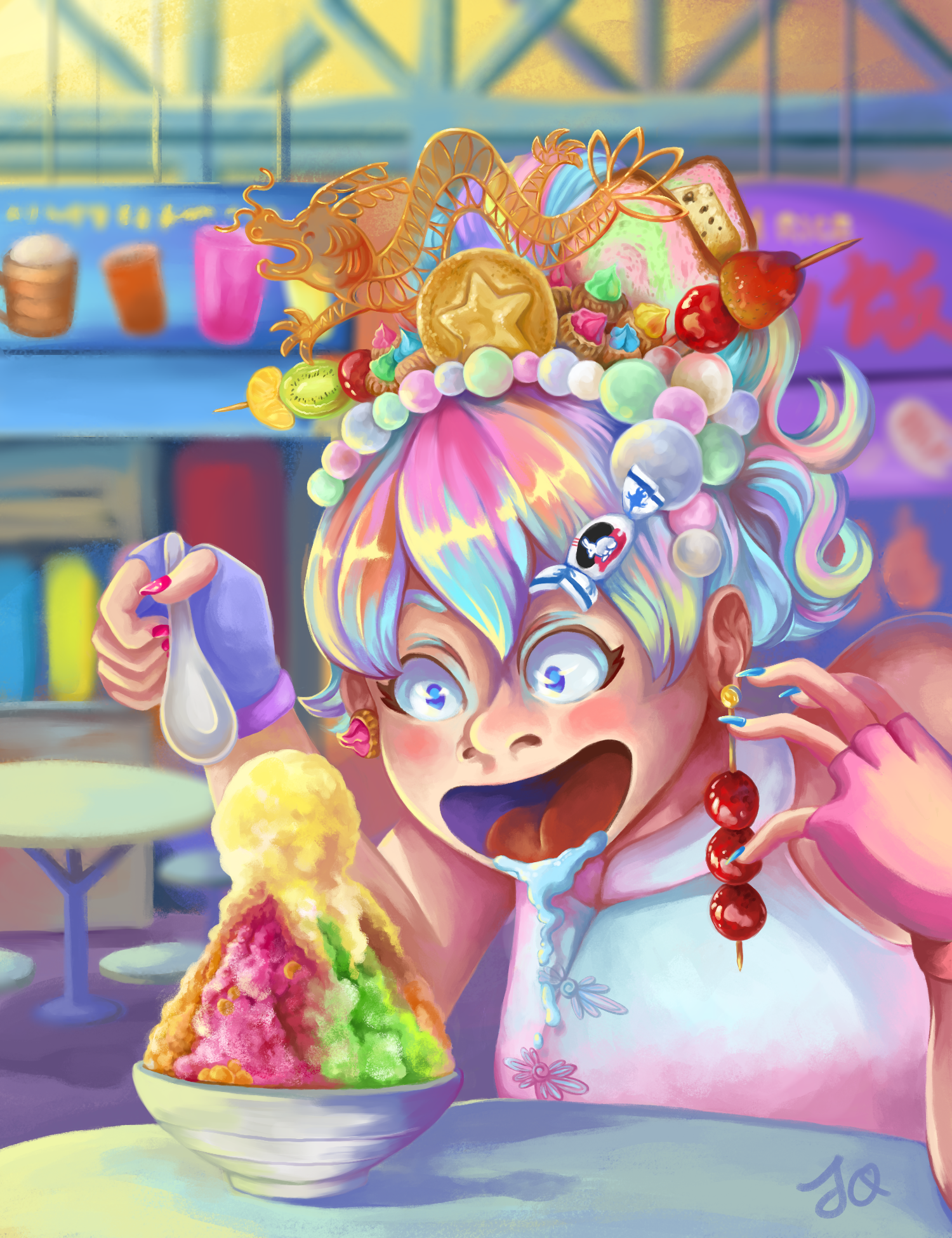 A digital painting of a young lady, sitting in a hawker center, with a colorful head of candy-colored hair topped with all sorts of Asian desserts as accessories, looking greedily at a huge bowl of durian ice kacang as she prepares to devour it