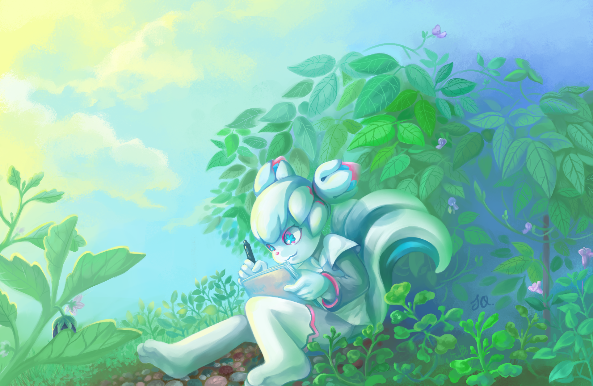 A digital painting of Kiki, the white cybersquirrel Krita mascot, sitting and sketching in a lush green garden, against a backdrop of wingbeans growing on a trellis, and amidst a patch of Brazillian spinach, Asystasia and brinjal