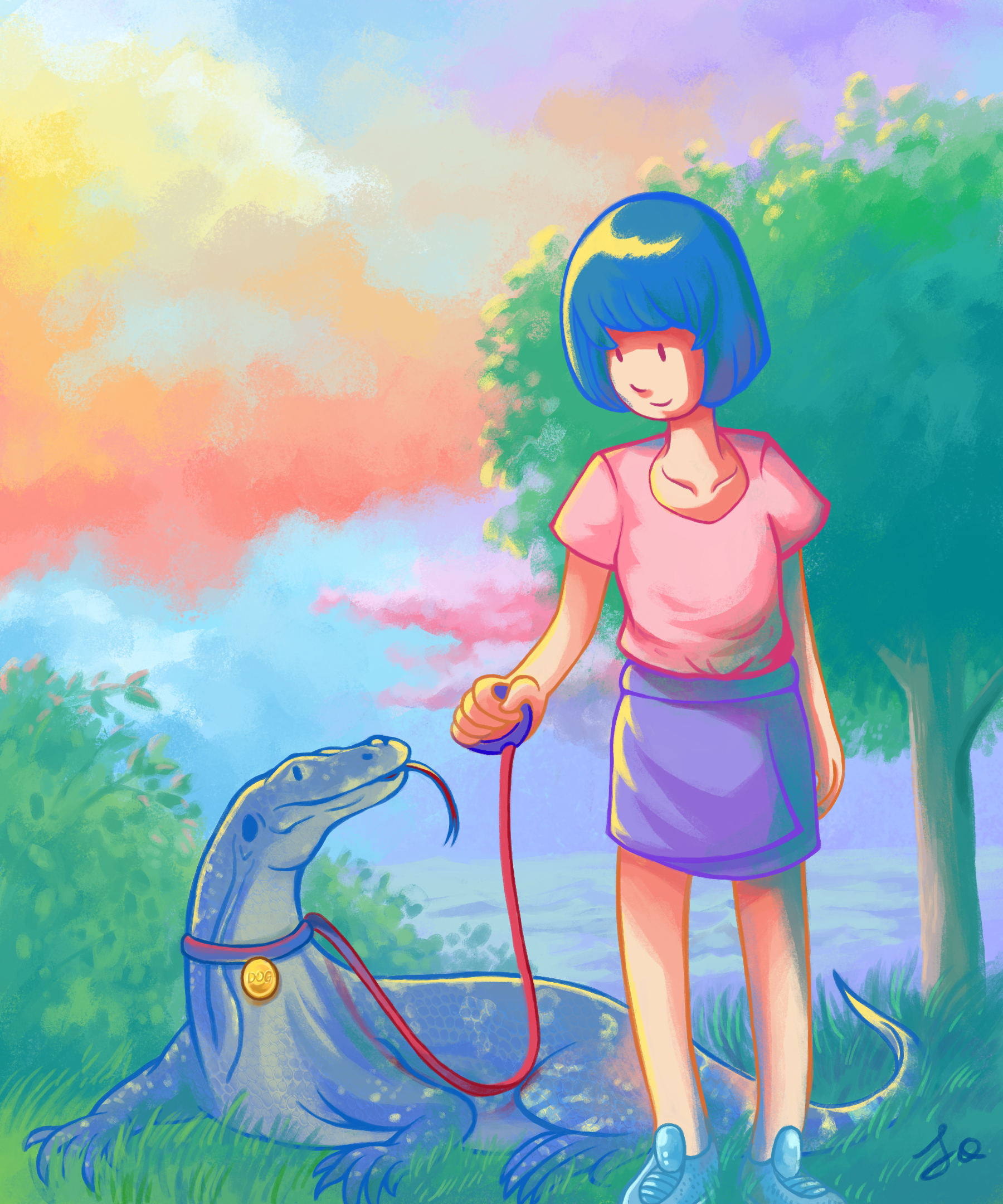 A digital painting of a young girl with a bobbed haircut and in a pink T-shirt, skorts and sport shoes walking a monitor lizard by a leash, against a beautiful sunset of a seaside park. The lizard is wearing a collar with the name 'DOG' on it.