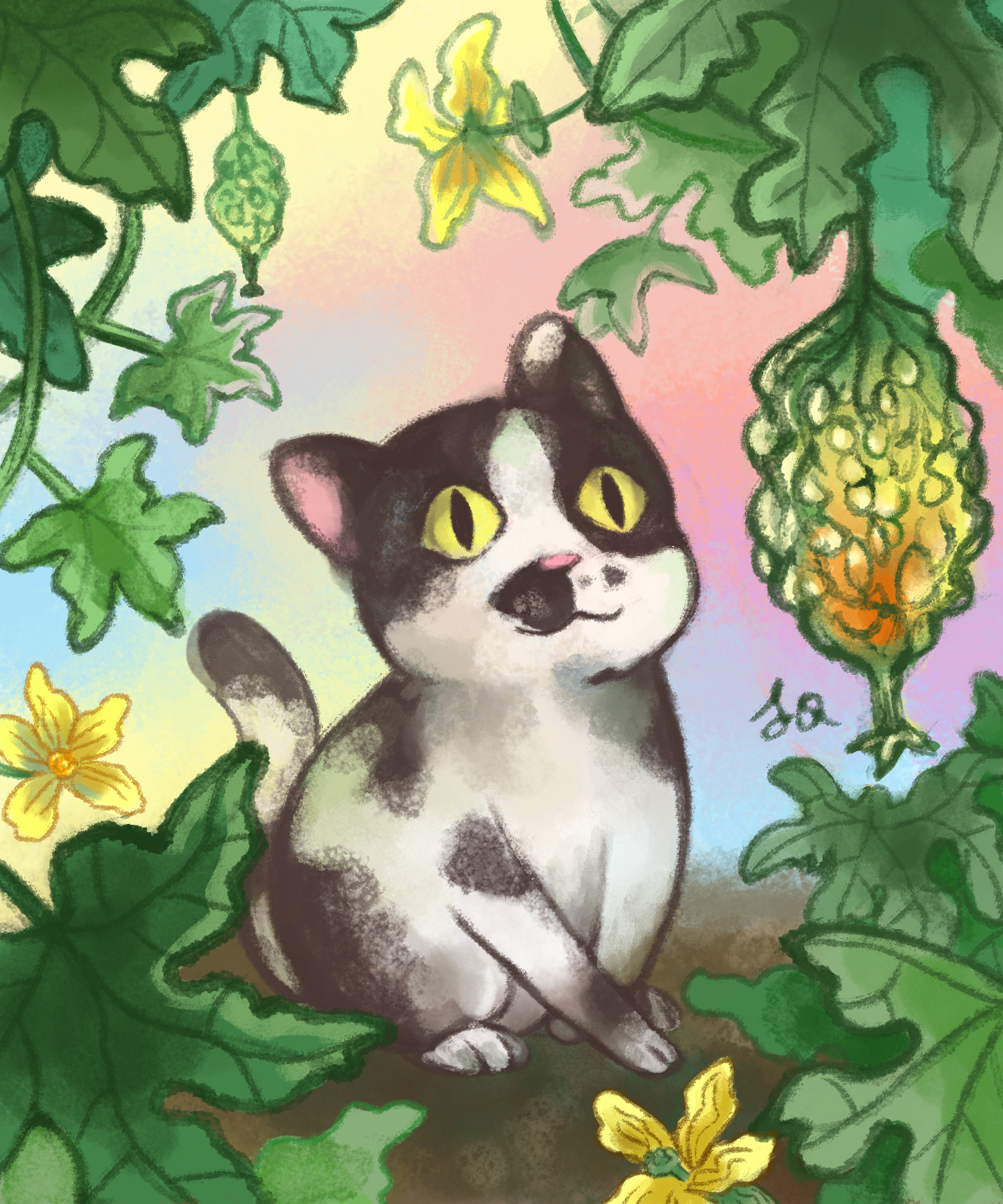 A digital painting of a little black and white cat sitting amongst a patch of flowering bittergourd and admiring a large, ripening gourd, done in a Chinese painting-inspired style