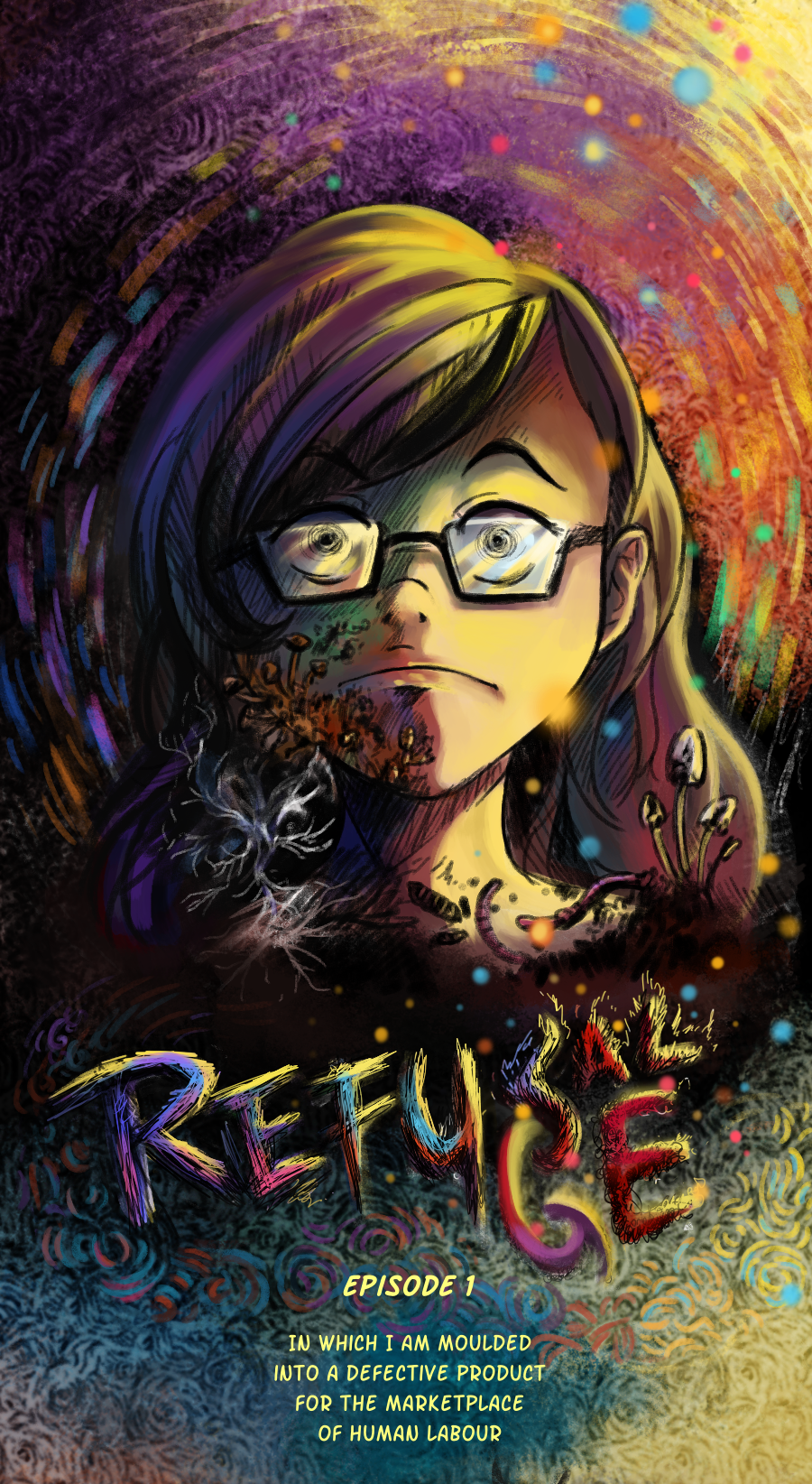 Opening scene from my webcomic Refu(SE/SL/GE), showing a slightly neurotic and psychedelic self-portrait, subtitled: 'In which I am moulded into a defective product for the marketplace of human labour