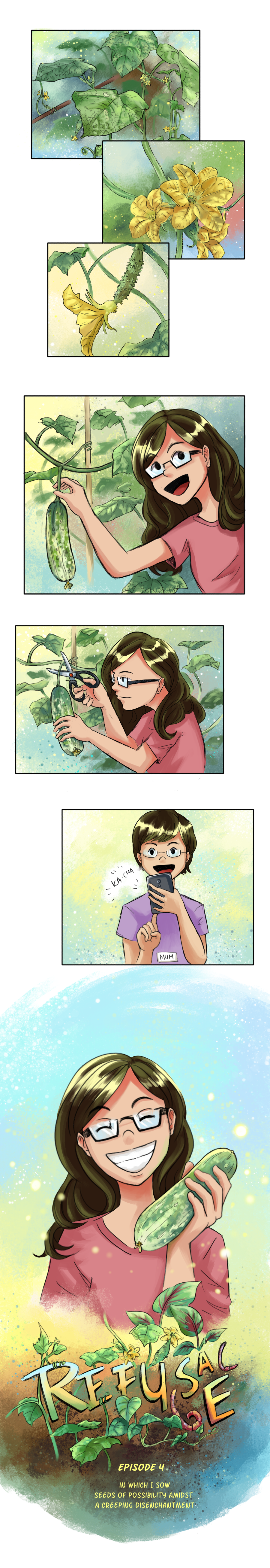 Opening scene from episode 4 of my webcomic Refu(SE/SL/GE), showing me harvesting a mature cucumber from a vine, and grinning broadly as I hold a freshly harvested cucumber in my hands.