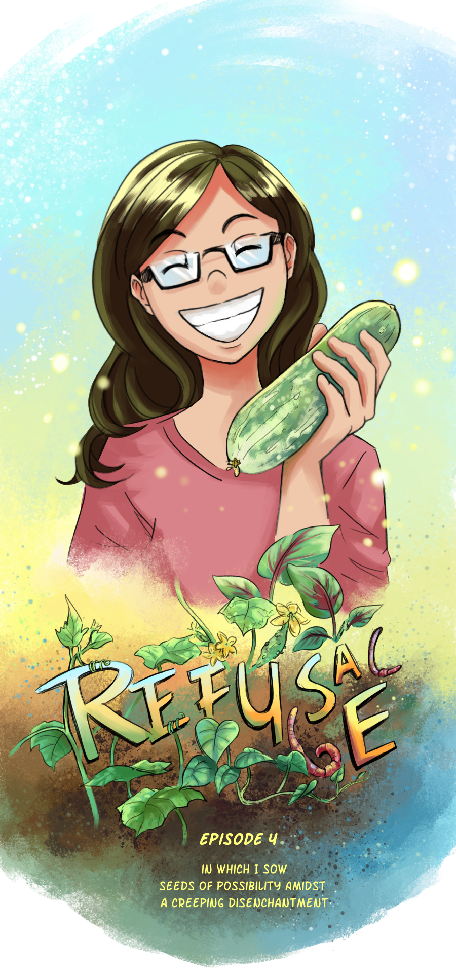 Title scene from episode 4 of my webcomic Refu(SE/SL/GE), showing me grinning broadly as I hold a freshly harvested cucumber in my hands.