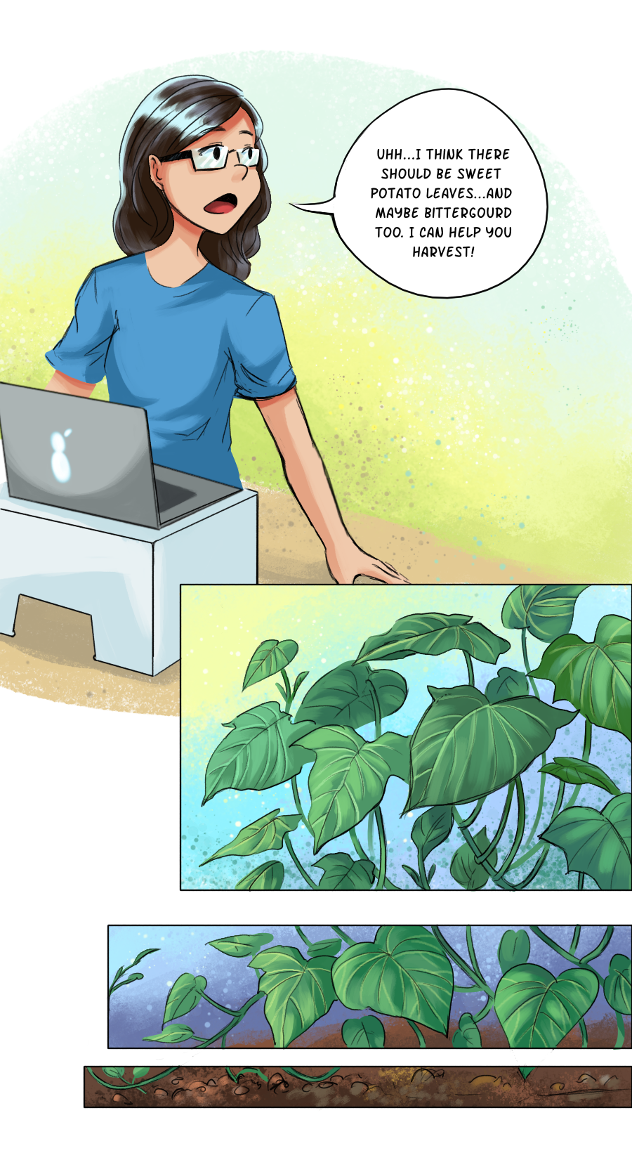 One of the scene from episode 5 of my webcomic Refu(SE/SL/GE), showing me sitting in front of my laptop, offering to help my mom harvest some veggies from the garden. Panel below shows sweet potato leaves growing luxuriantly.