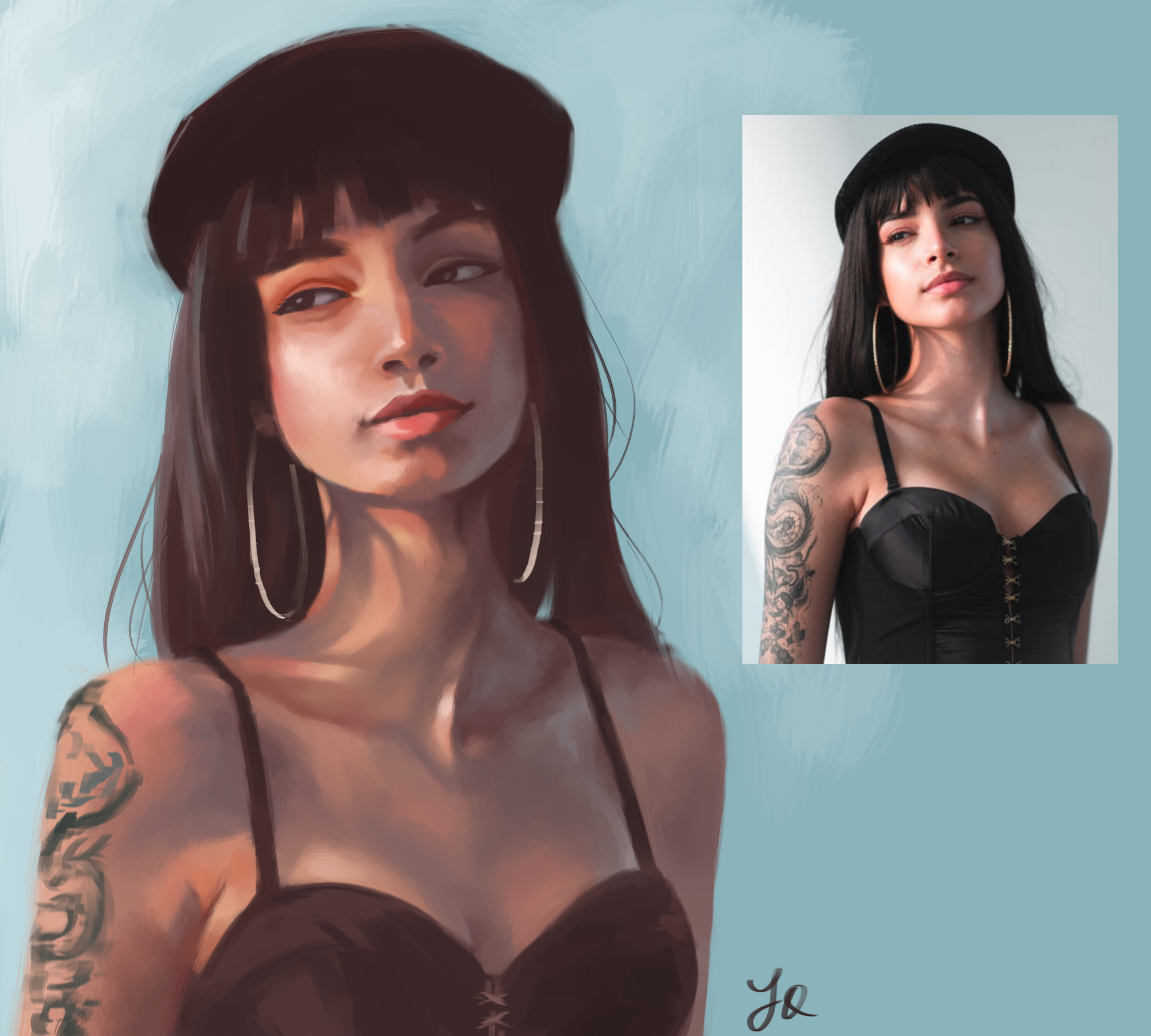 The same painting juxtaposed with the reference photo