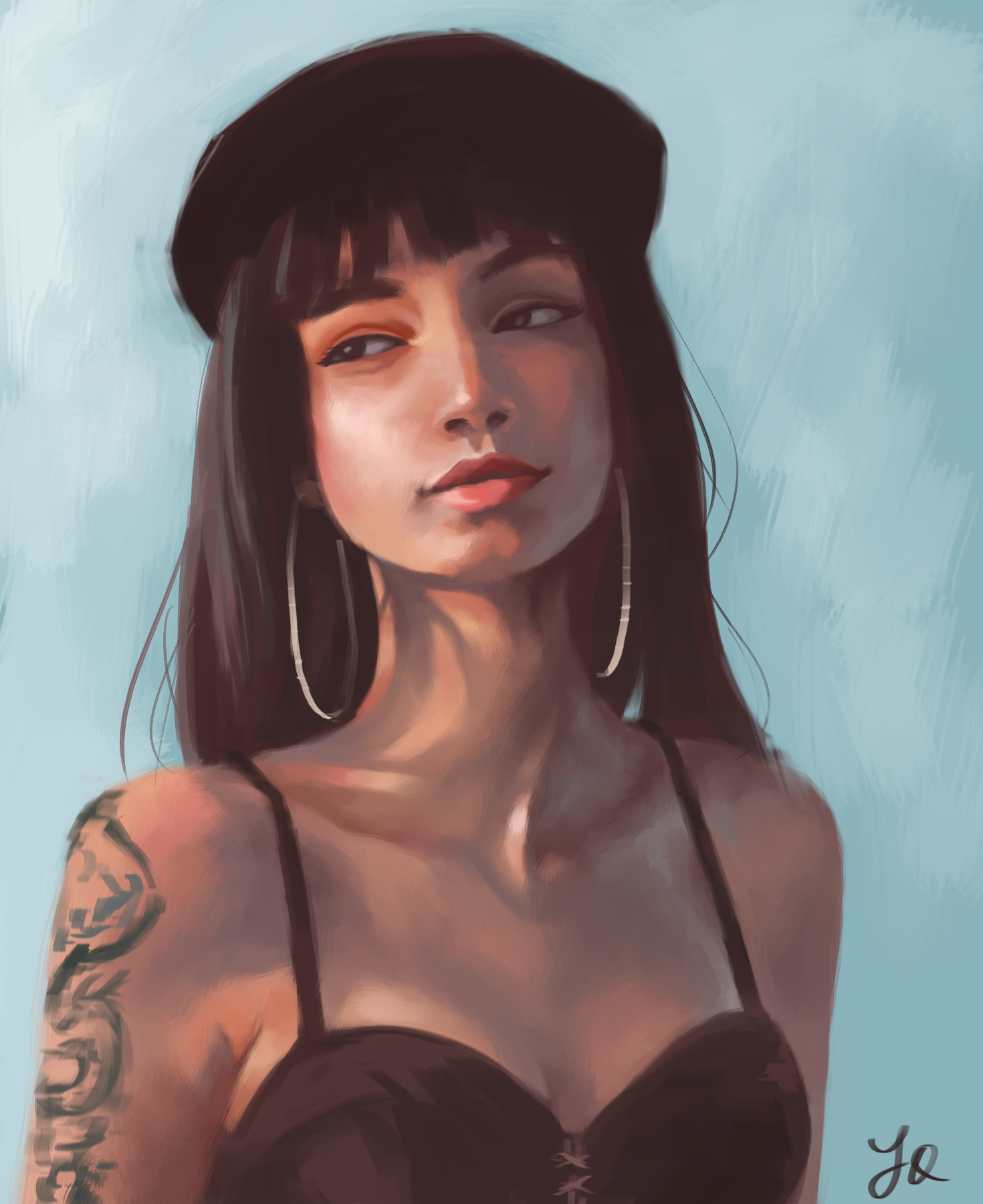 A digital painting photo study of a woman with long, straight black hair, wearing a black beret and corset, facing the camera with chin tilted slightly upwards and looking out of the corner of her eyes to her right.
