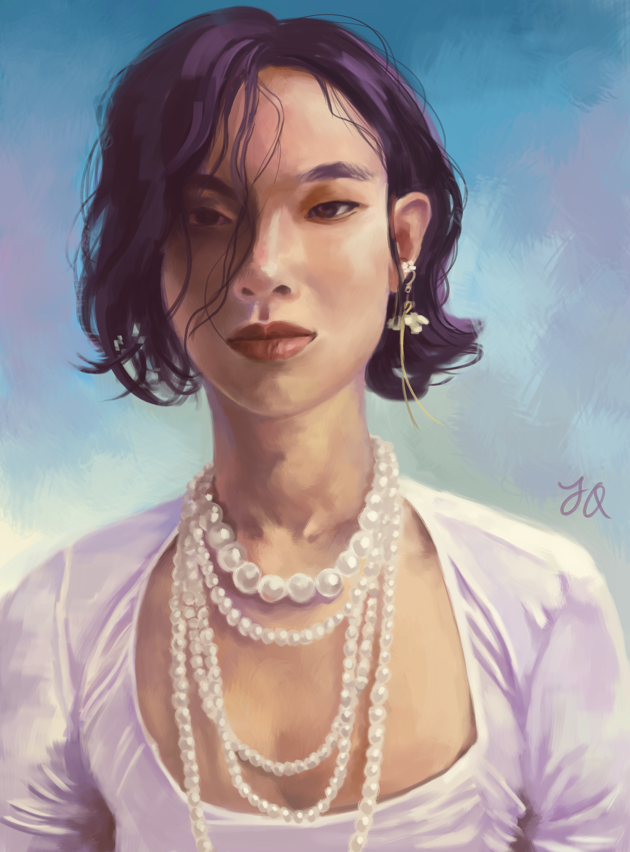 A digital painting photo study of a person with short, slightly curly hair, head facing the camera and angled slightly to their right. The right half of their head is in shadow and slightly obscured by bangs. They are wearing a long earring on their left ear and a multi-layered pearl necklace over a white shirt.