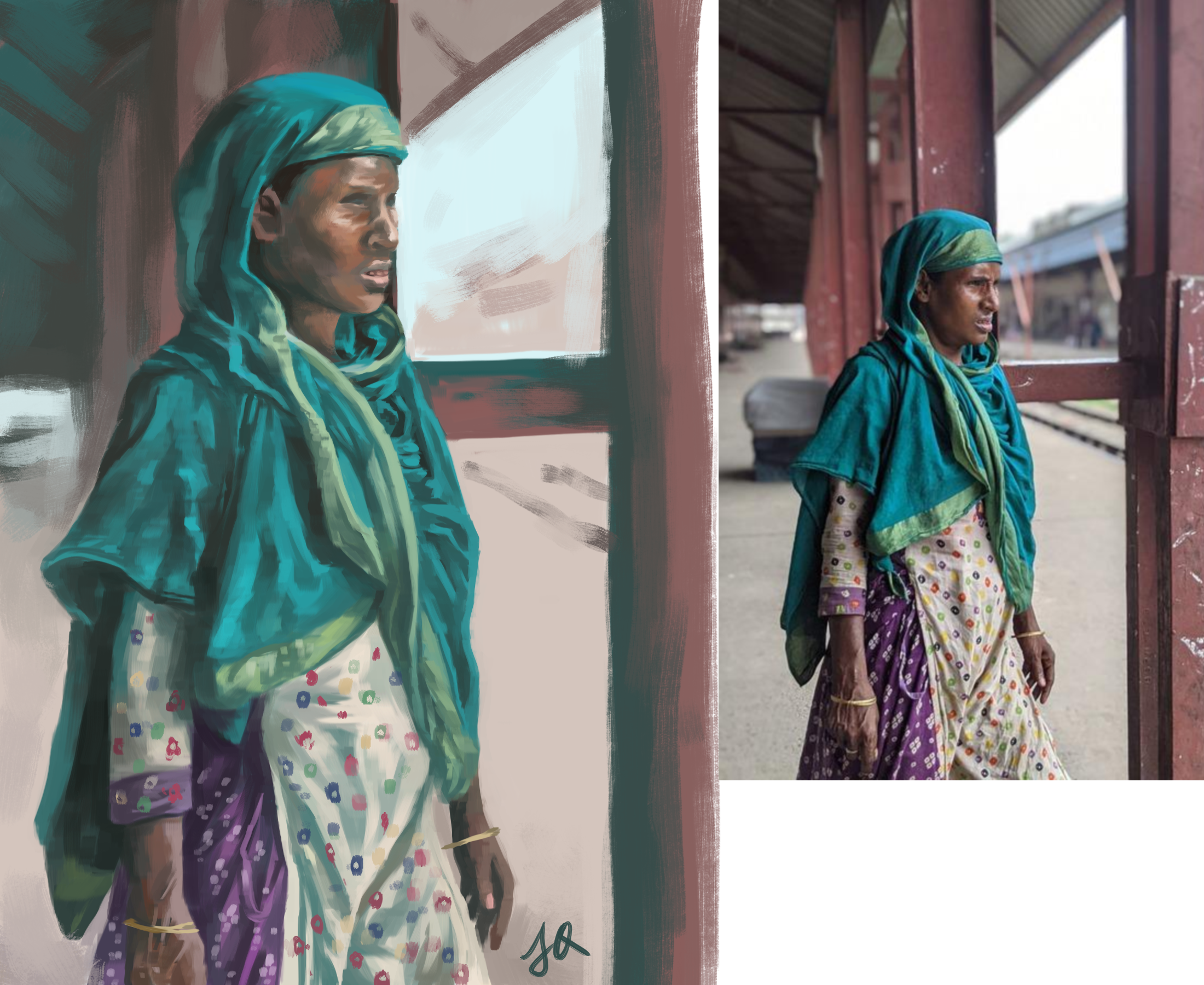 The same painting juxtaposed with the reference photo