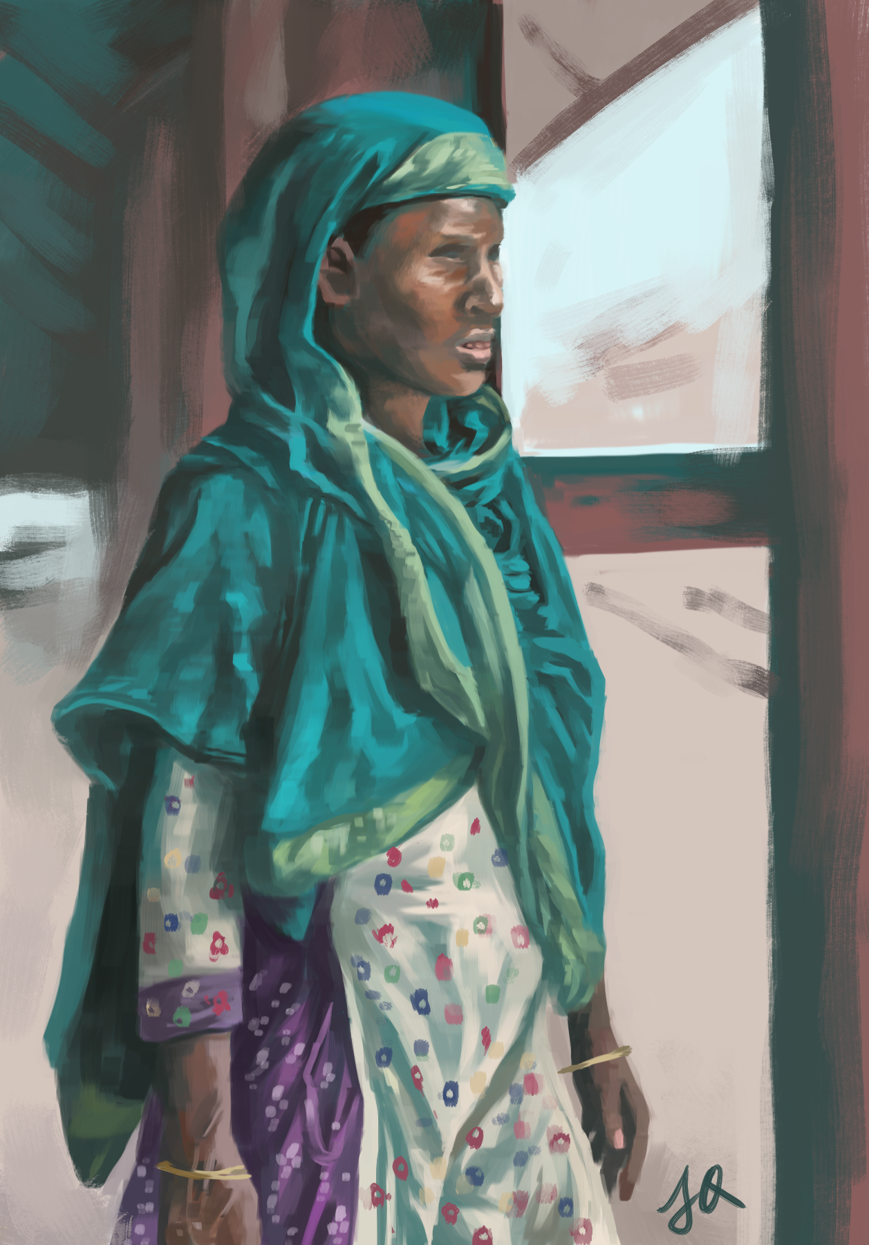 A digital painting photo study of a lady weating a vivid green, purple and cream-coloured sari, with prints on her skirt, standing and waiting at a railway station