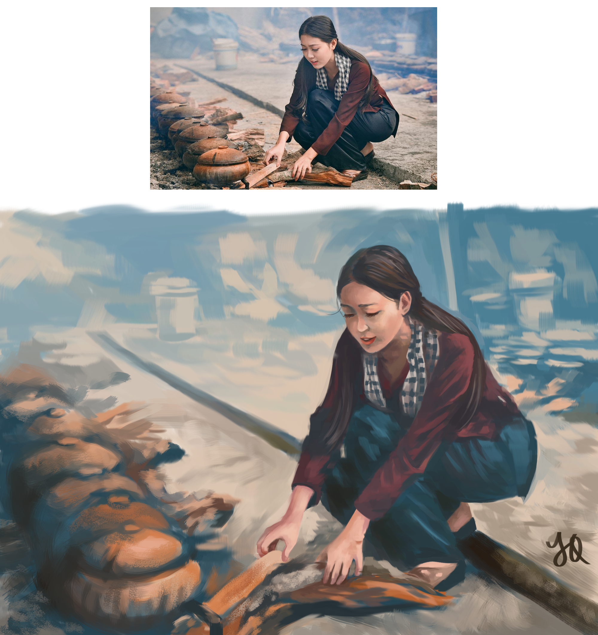 The same painting juxtaposed with the reference photo