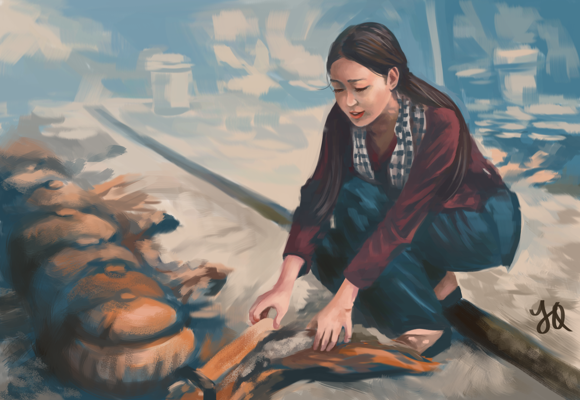 A digital painting photo study of a lady in a dark red blouse and dark blue trousers, squatting by a row of large ceramic pots and tending to the firewood beneath them.