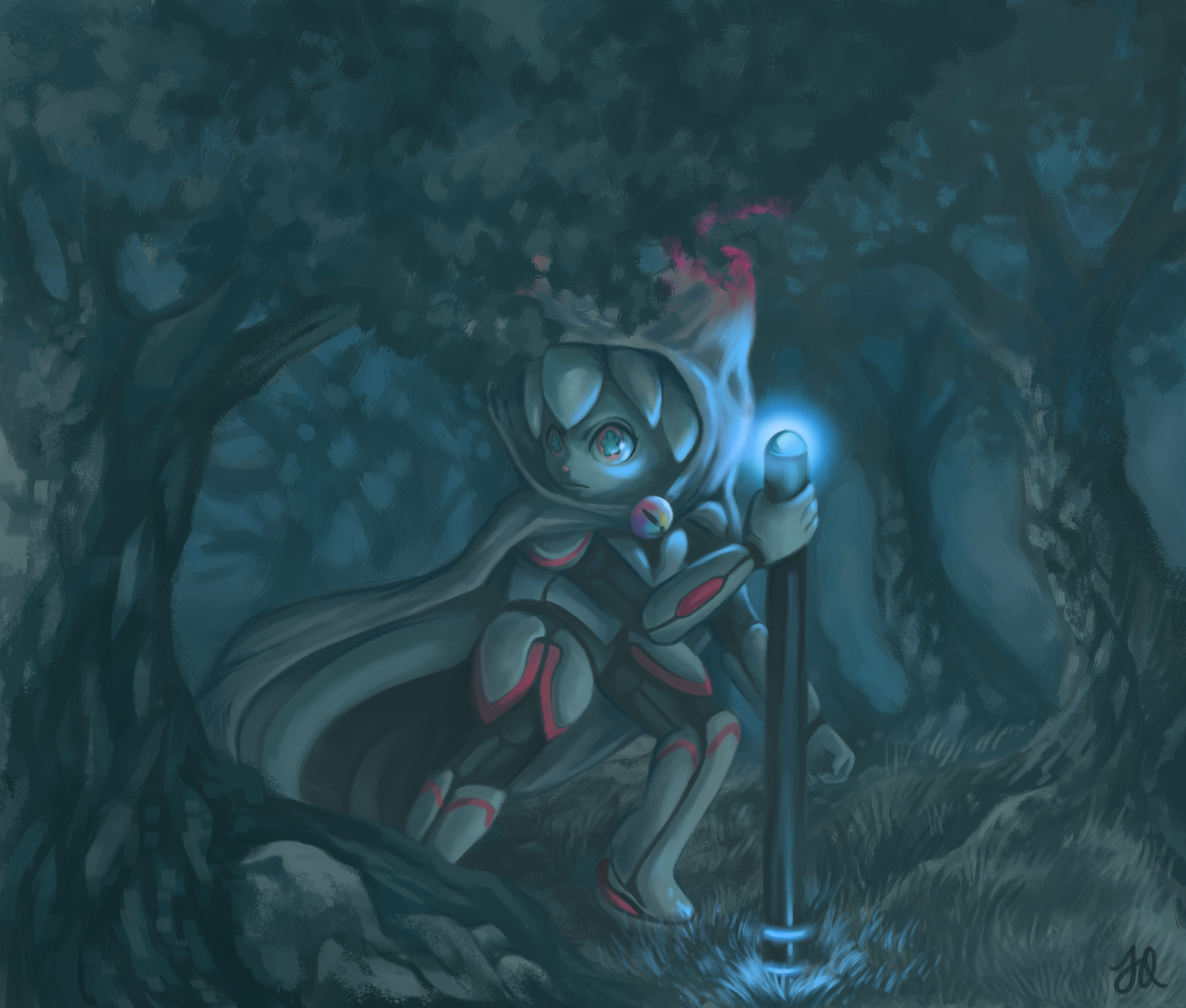 Digital painting of Kiki, the Krita mascot, wearing a mage's robe and holding her stylus as a staff, making her way through a dark and spooky forest painted in the Fediverse doom grey color scheme. There is cold blue light emanating from her stylus eraser and bands near the stylus pen tip, illuminating her face, which is turned over her shoulder as if she has seen or heard something in the woods.