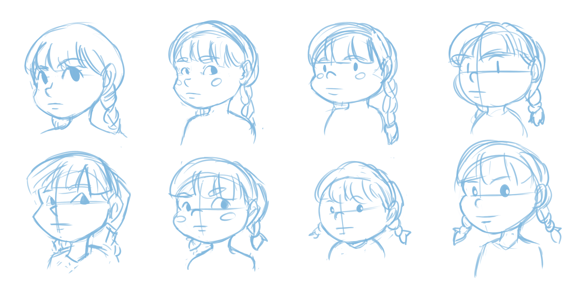 Initial brainstorming character sketches in a few different styles