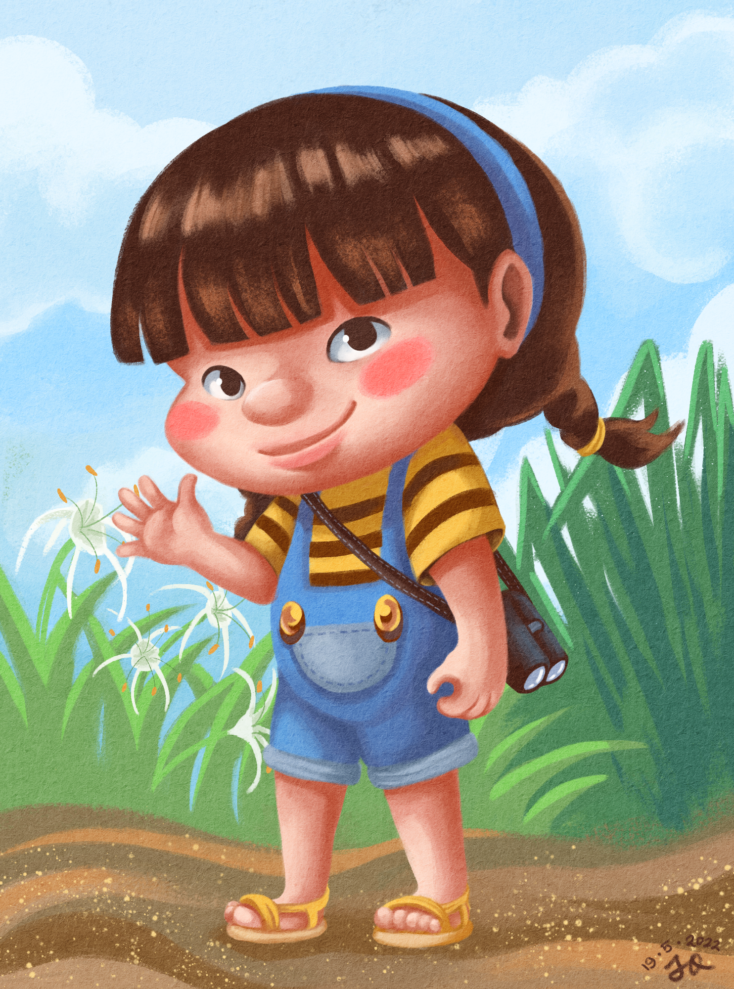 Digital painting of a young girl with a blue hairband and pigtails in a denim jumpsuit and striped yellow T-shirt, with a pair of binoculars slung over her shoulder. She is standing in a park with spider lilies and tall grass in the background on a clear day with white clouds against a blue sky, and waving at the viewer.