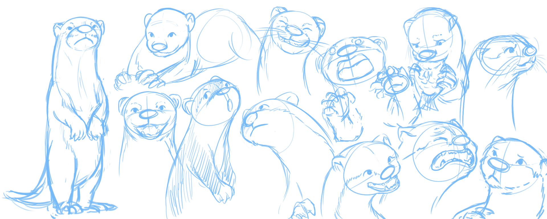 Ideation sketches for Mr. Otter's character, showing an otter in different poses and expressions, with a style ranging from fairly realistic to more comic.