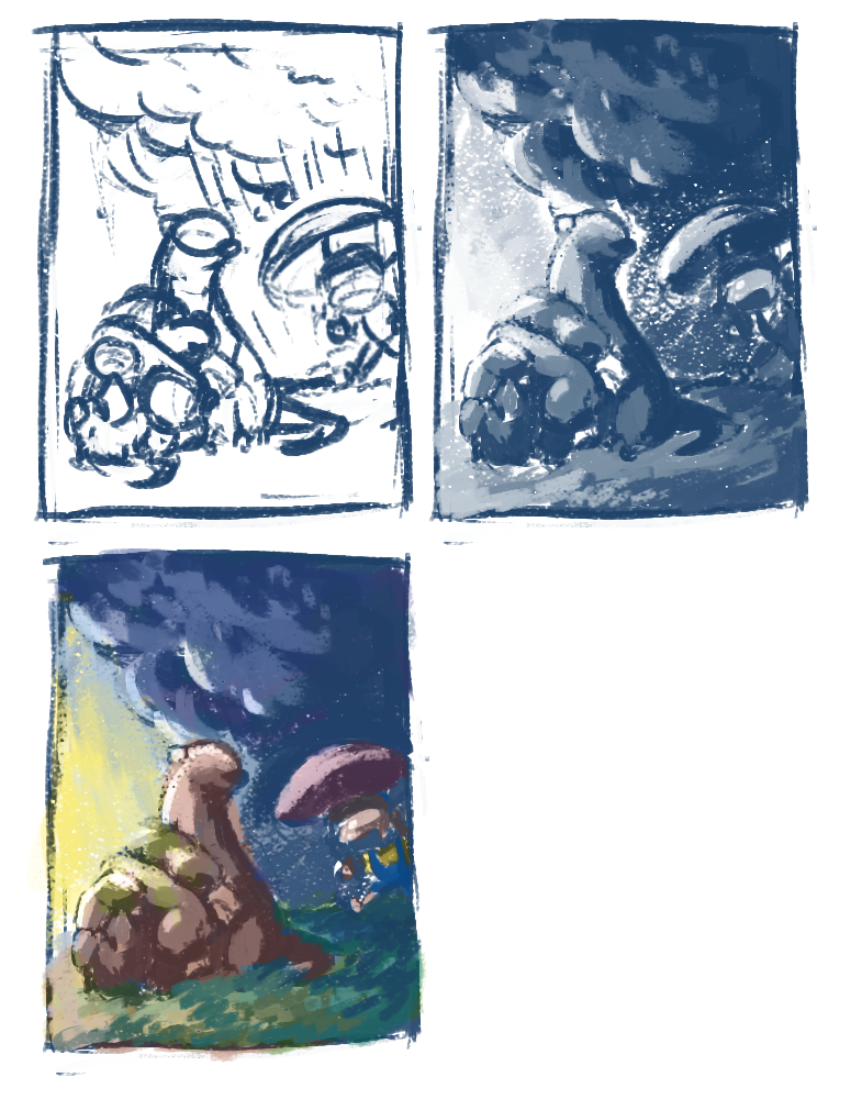 Initial thumbnail sketches for this piece (line, values, color)