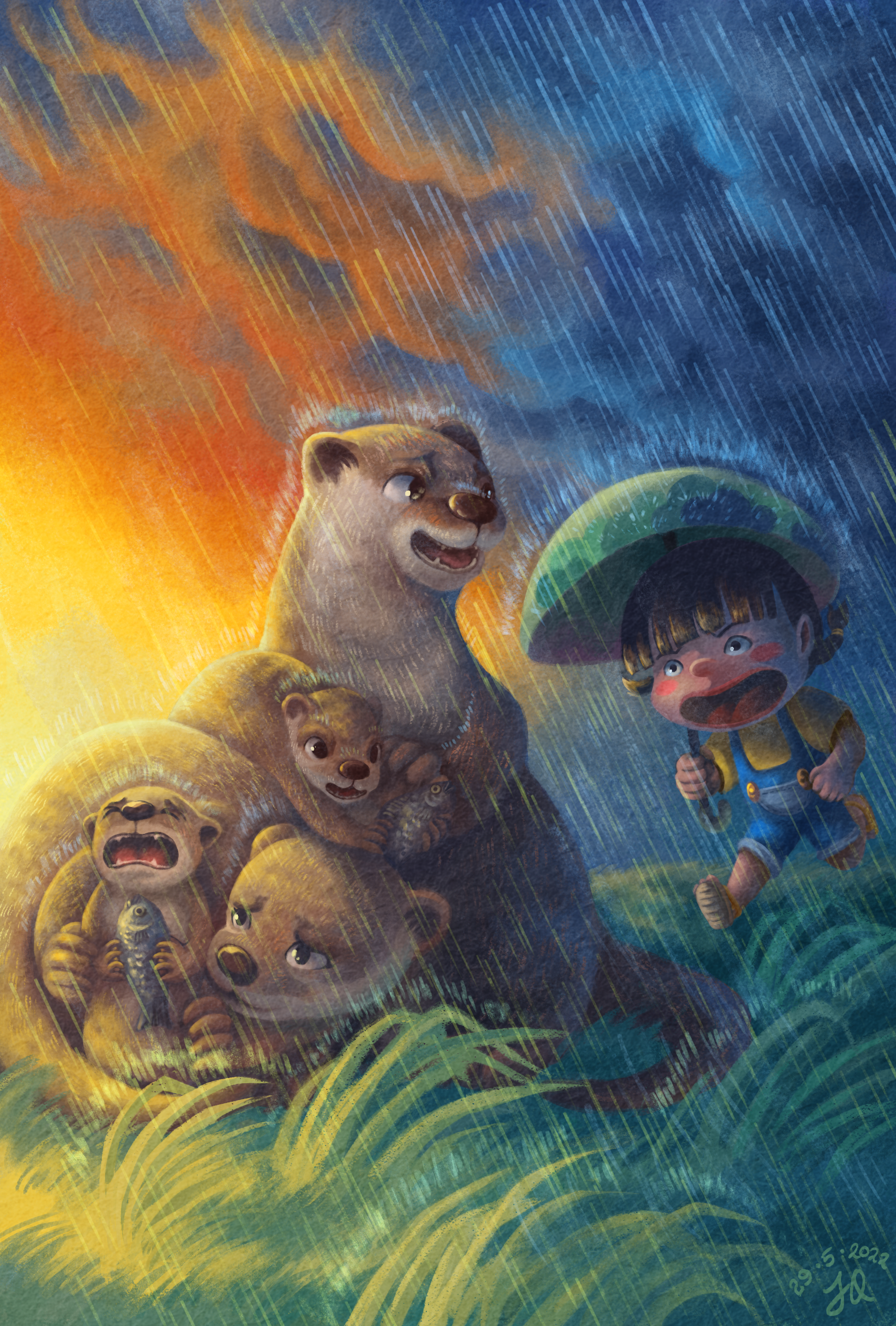 Digital painting of a scene in a storm. Shan Shan, a young girl with short pigtails in a blue denim jumpshoot and yellow shirt, is sprinting towards Mr. Otter and his family from the distance, on the right of the painting. She is carrying a green umbrella overhead as she sprints, mouth wide open and calling out to them. Mr. Otter is looking in her direction, surprised and touched. His partner is curled up next to him trying to comfort their young son, who has a fish in his two paws and is bawling, frightened by the sudden rain. Their daughted is snuggled between them both and playing with a fish in her paws, oblivious to the storm.