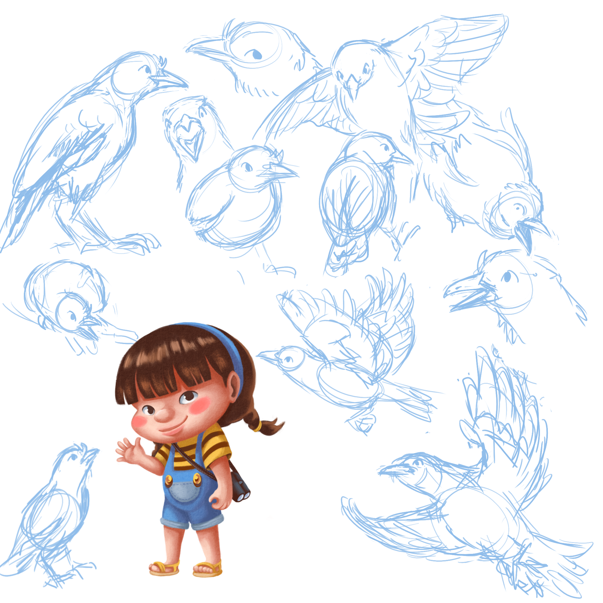 Initial sketches for Big Brother Myna's character