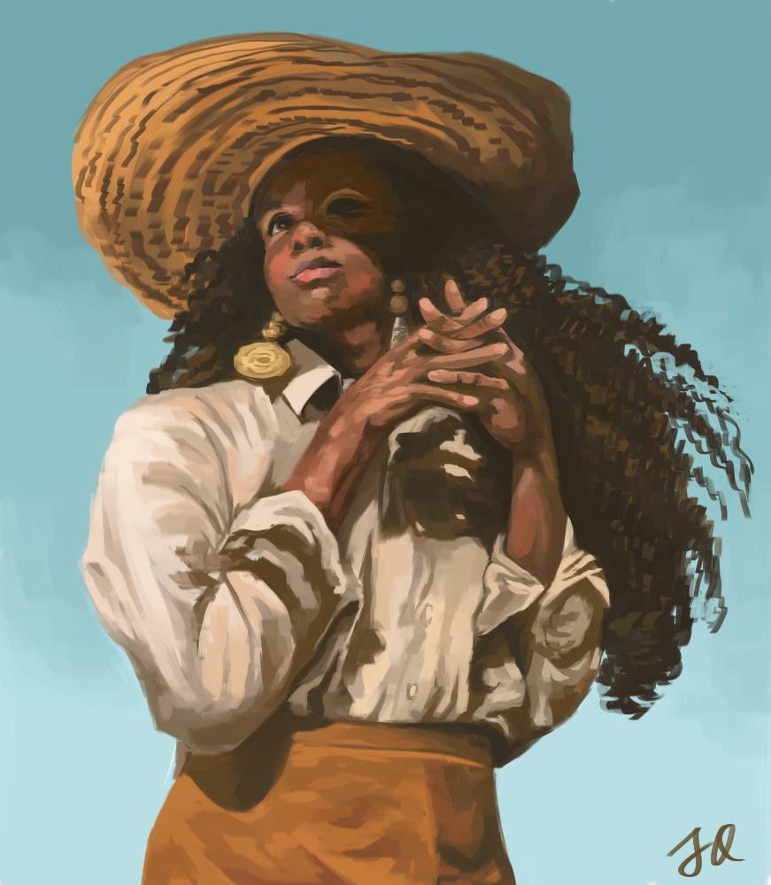A digital painting photo study of a black lady with long frizzy hair, wearing a huge braided sunhat, off-white blouse, and orange-brown skirt, looking up to the left of the painting, with head partially obscured in the cast shadow of the hat, and fingers interlaced in front of her, against a pale ble sky