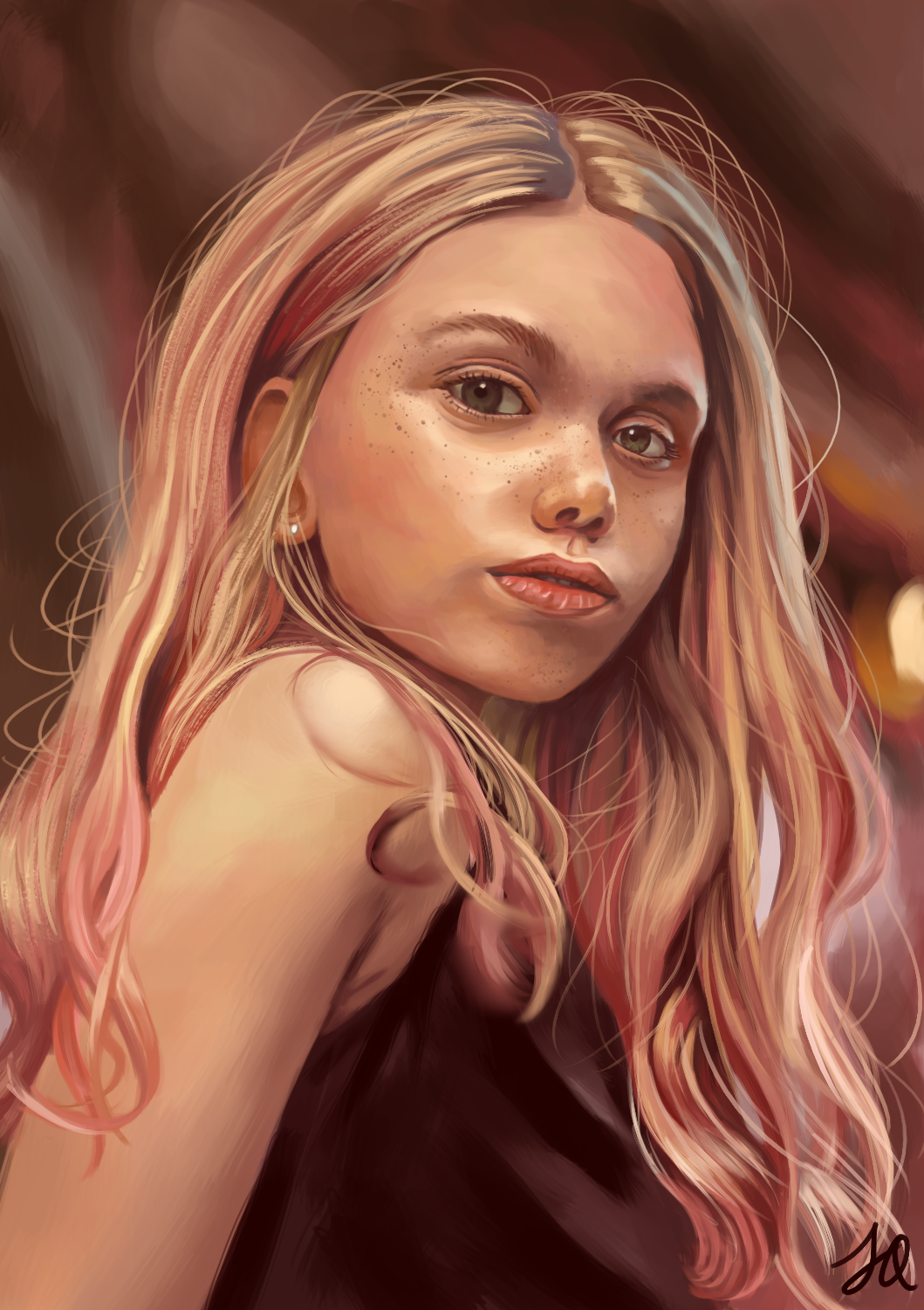 A digital painting photo study of a young girl with pale skin and long, wavy, blonde and pink hair, looking 3/4 and slightly down towards the camera. She is wearing a sleeveless black top and has olive-coloured eyes.