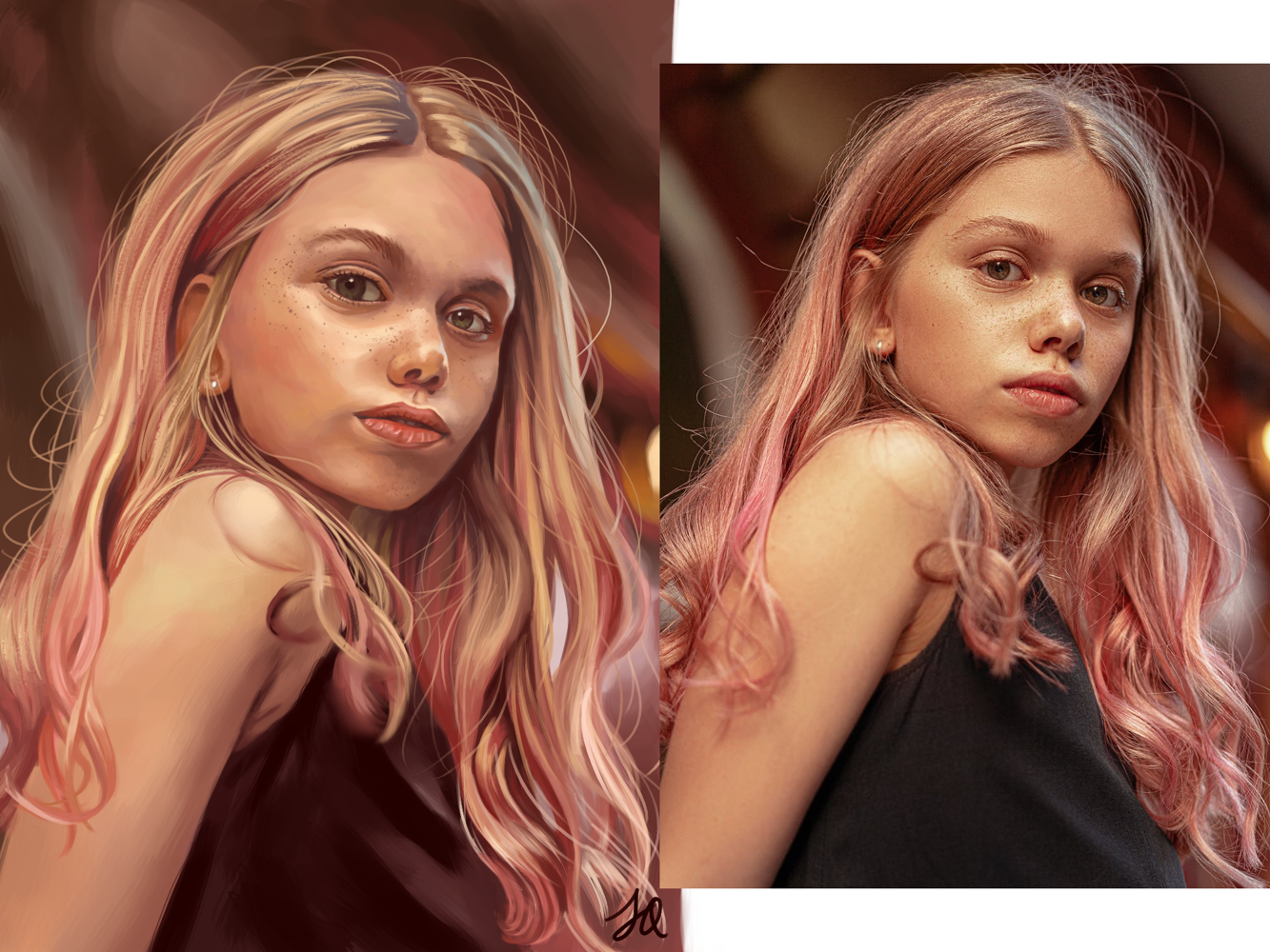 The same painting juxtaposed with the reference photo