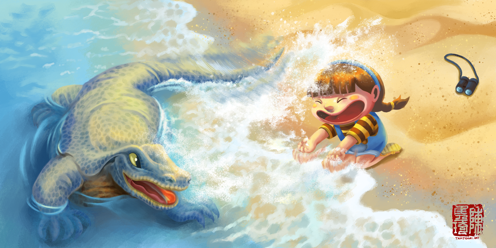 A two-page spread from 'Shan Shan and Ms. Water Monitor', showing Shan Shan and Ms. Water Monitor playing with water at the beach. Shan Shan is splashing water at Ms. Water Monitor with her hands, while Ms. Water Monitor is splashing water at her with her tail