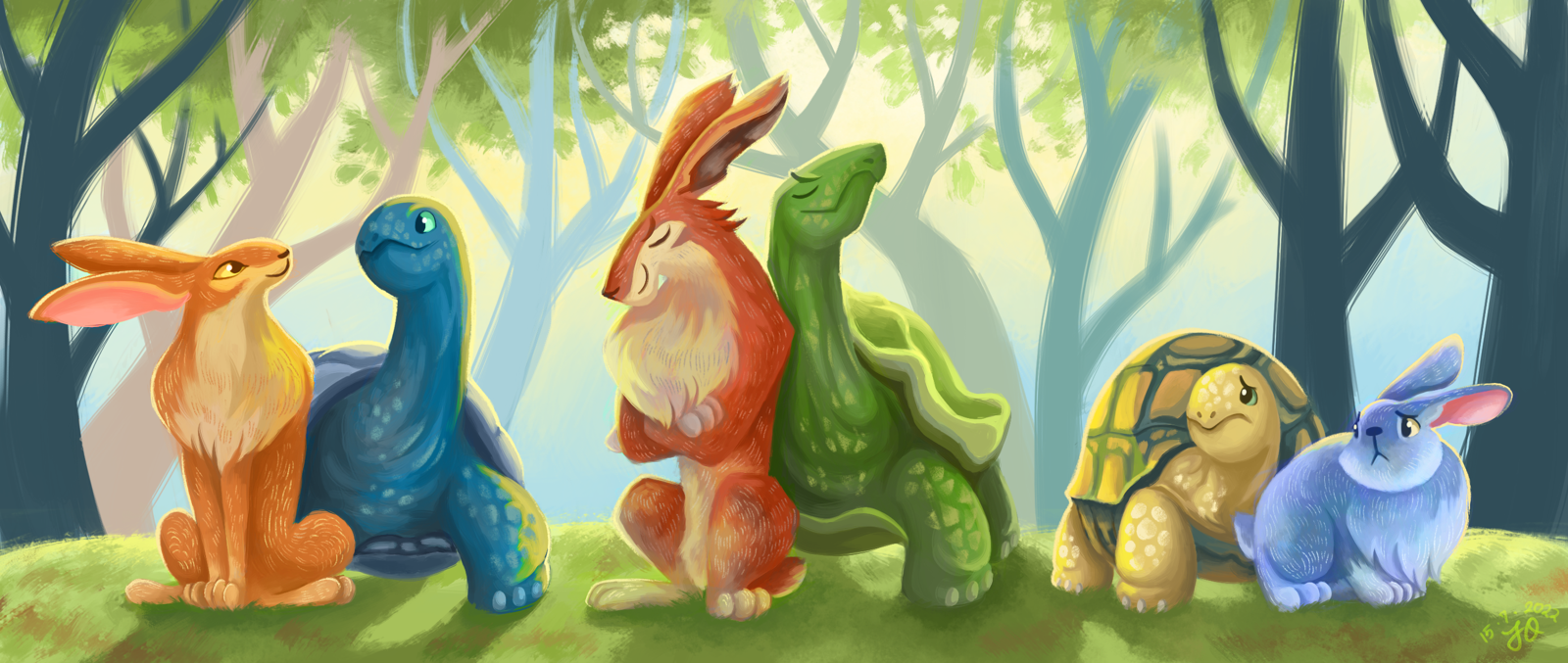 A digitally painted character line-up of 3 pairs of hare-and-tortoise characters. The first hare is sleek and lithe with orange fur and a beige underbelly. She is sitting with her chestup and rump and forepaws on the ground, and is looking at her tortoise companion contently and confidently. Her toirtoise companion has blue-gray skin and a pale blue-gray shell, and has his head perked up and also looking at her contentedly. The second hare is larger and scruffier with red fur and a beige underbelly. He is sitting with his front paws folded, head tilted down, and eyes closed with a proud expression on his face. His tortoise companion, who has an angular head, also has his neck extended and head cocked up proudly. The final rabbit is a purplish-gray-blue and is a very short, round and plump fellow. He looks slightly worried as if afraid of the second tortoise. His tortoise companion is looking in the same direction, also worried, and has yellow skin and a dark blue-green shell with ochre patches.