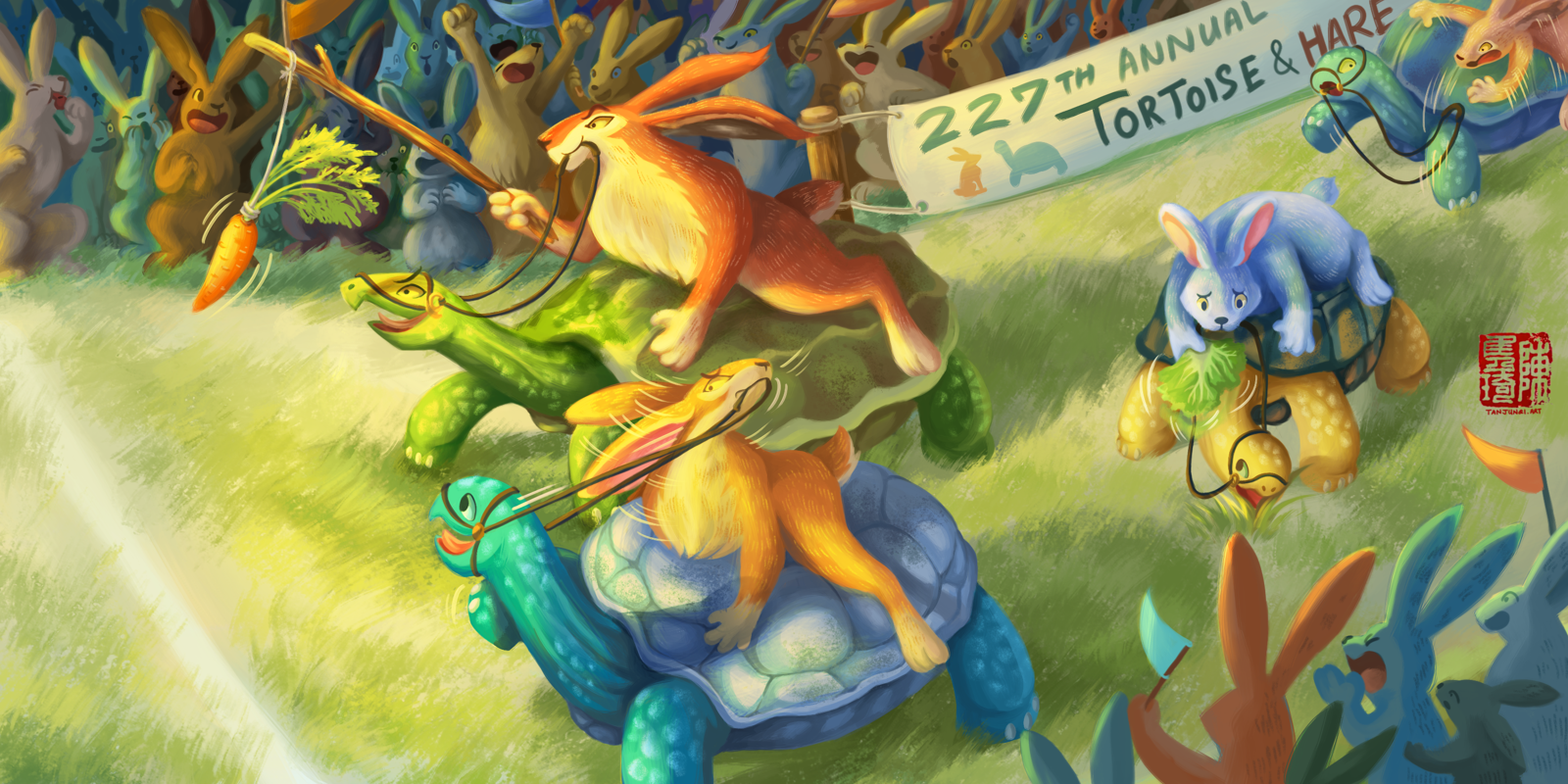 A digital painting of a tortoise-and-hare road race. Four hares are riding on their tortoise steeds and slowly inching towards the finish line on the left as the sunset casts its yellow glow on them. The second dark red hare in the lead is baiting his tortoise with a carrot, while the leading tortoise gets tempted and is about to swerve in the wrong direction. Her orange-furred rider is tugging at her reins in an attempt to correct her. Behind them, a purple rabbit is worriedly waving a leaf of lettuce to get his tortoise, who had stopped to chew on a clump of grass, back on the right track. In the top right corner, the fourth rider has slipped and is falling off her tortoise's shell, much to the shock of the both of them. A crowded rabbit audience is cheering the racers on from both sides, waving flags and blowing whistles and shouting.