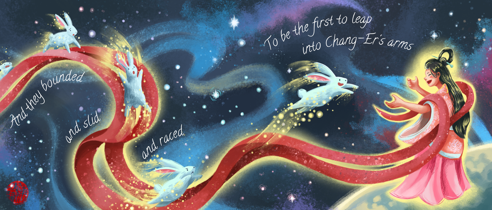 A digital painting of jade rabbits racing along Chang-Er's silken sash towards the moon, to leap into Chang-Er's embrace. Chang-Er is standing on the moon on the bottom-right corner, while her sash flows across the picture against a galactic backdrop with colorful nebulae and twinkling stars. Chang-Er and her sash are aglow with a deity's light, while the celestial jade rabbits leave golden trails and balls of light behind them as they bound forward. The leading rabbit is just about to leap into Chang-Er's arms, which are outstretched. The second rabbit is bounding up with a determined expression on his face, while the third is sliding down a section of the silken sash, the fourth is standing before the slide in hesitation, and the fifth is trying hard to catch up.