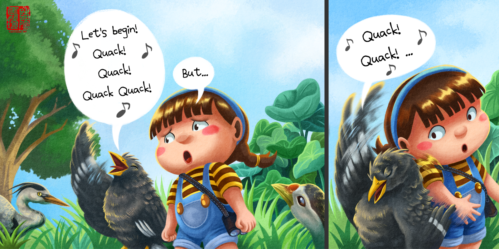 A two-page spread from 'Shan Shan and Big Brother Myna' (english version), showing Big Brother Myna trying to encourage Shan Shan to practise singing the song 'Mother Duck and her Ducklings' in the park