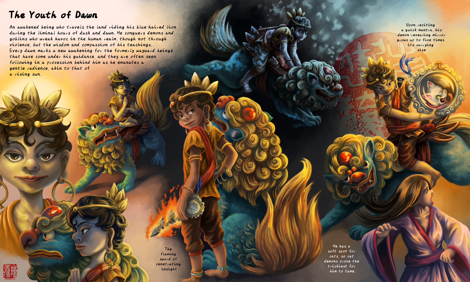 Character design sheet of the Youth of Dawn, inspired by the bodhisattva Manjusri. It shows him in various poses with his blue lion steed (side view, sitting on the lion meditating, standing with his sword of flaming insight drawn, running through the dark woods, and taming a revealing a cat demon disguised as a beautiful woman with his demon-revealing mirror).