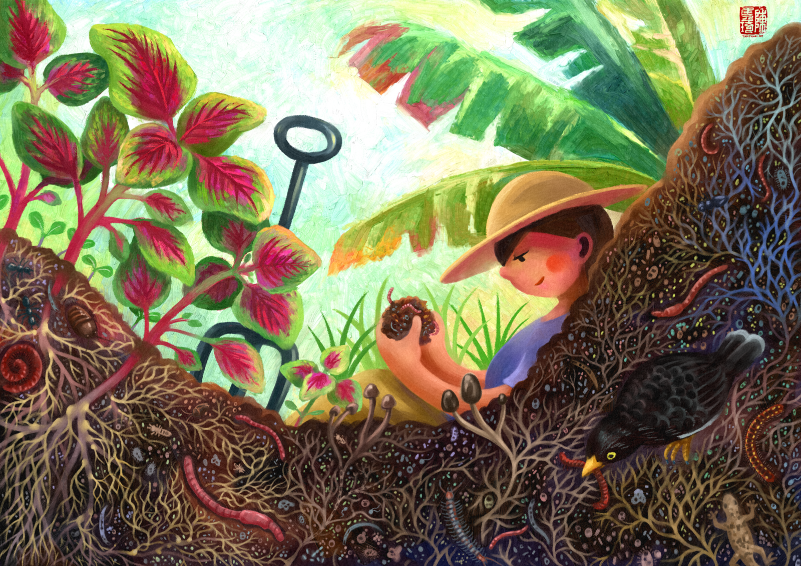 Digital painting of a person in a lilac shirt and khaki cargo pants wearing a beige farmer hat sitting on the ground leaning against a pile of soil/compost. She is holding a small lump of compost in her hands which is teeming with life like earthworms and insects. There chives growing behind her and banana leaves in the background overhead, as well as red bayam growing on the left, interspersed with some kailan seedlings. The roots of the plants can be seen going into the soil/compost which is teeming with biology (though not drawn to scale), and connected to a vast mycorrhizal network that runs throughout. There are earthworms, amoebae, bacteria, nematodes, protozoans, microarthropods, arthropods like springtails centipedes, milipedes, ants, cockroaches, beetles, and higher predators like a Javan myna and a house gecko, as well as some mushrooms sprouting out of the soil