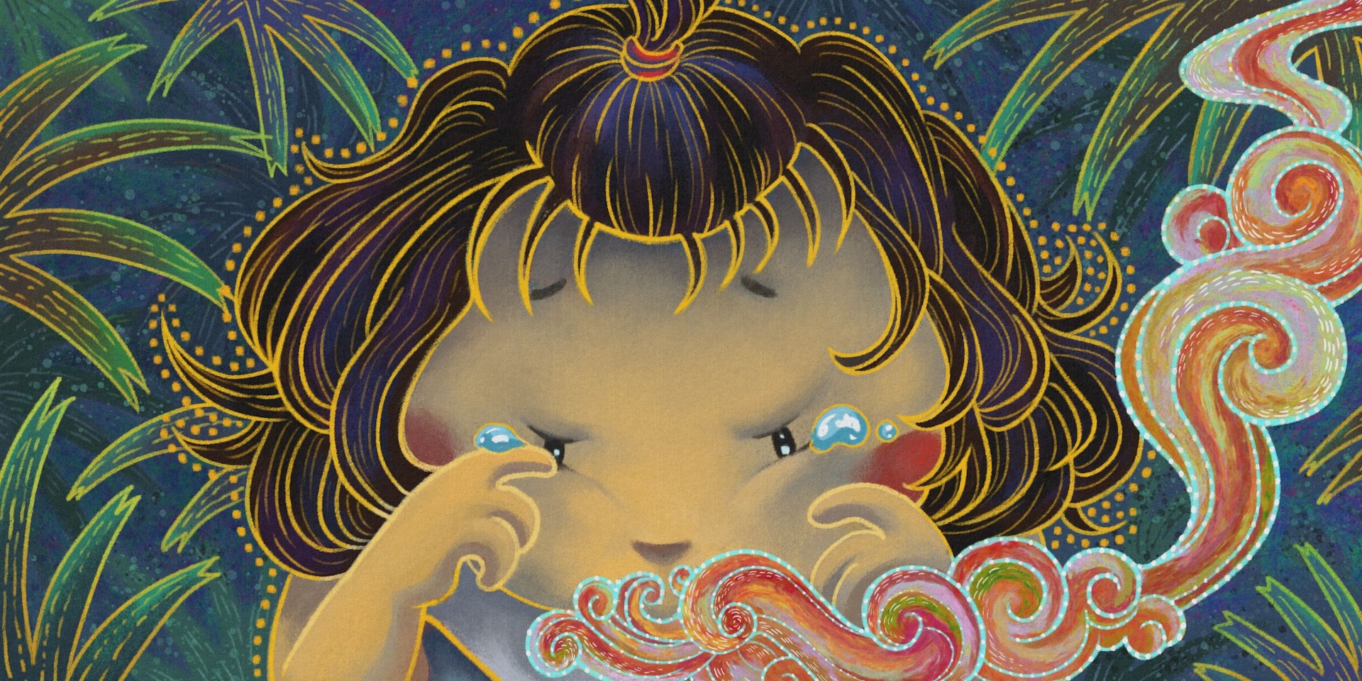 Digital painting with chalk texture and batik-inspired style and motifs, of a close-up scene of a young girl with short curly hair, some tied up in a tuft on her head, rubbing tears off her face as a colorful scent cloud drifts pass her nose.