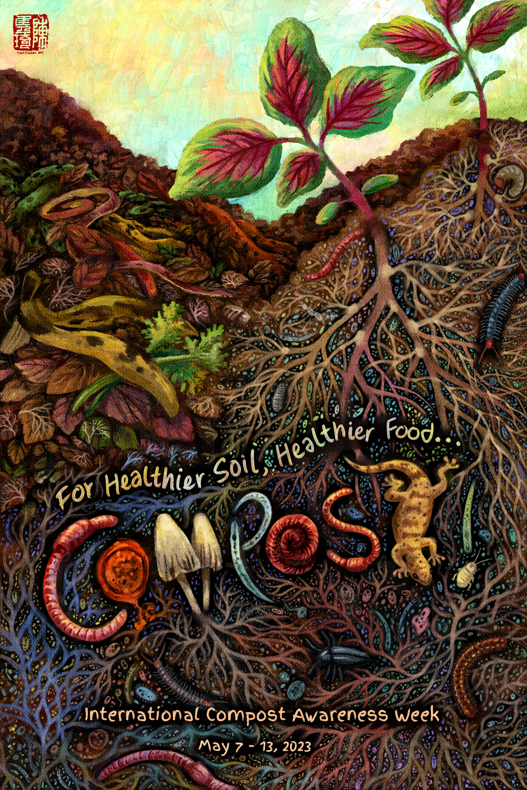 Digital painting of a poster for the International Compost Awareness Week 2023 poster design contest. It shows young red bayam plants growing above ground, next to a heap of foodwaste and brown matter in the process of being composted. Beneath the plants and compost heap, taking up most of the poster, is an underground view showcasing the root systems and mycorhizzal networks in the soil teeming with biology and life. The title reads 'For Healthier Soil, Healthier Food...Compost!' The word 'Compost!' in the title is formed using various soil creatures, like earthworms, nematodes, mushrooms and lizards.