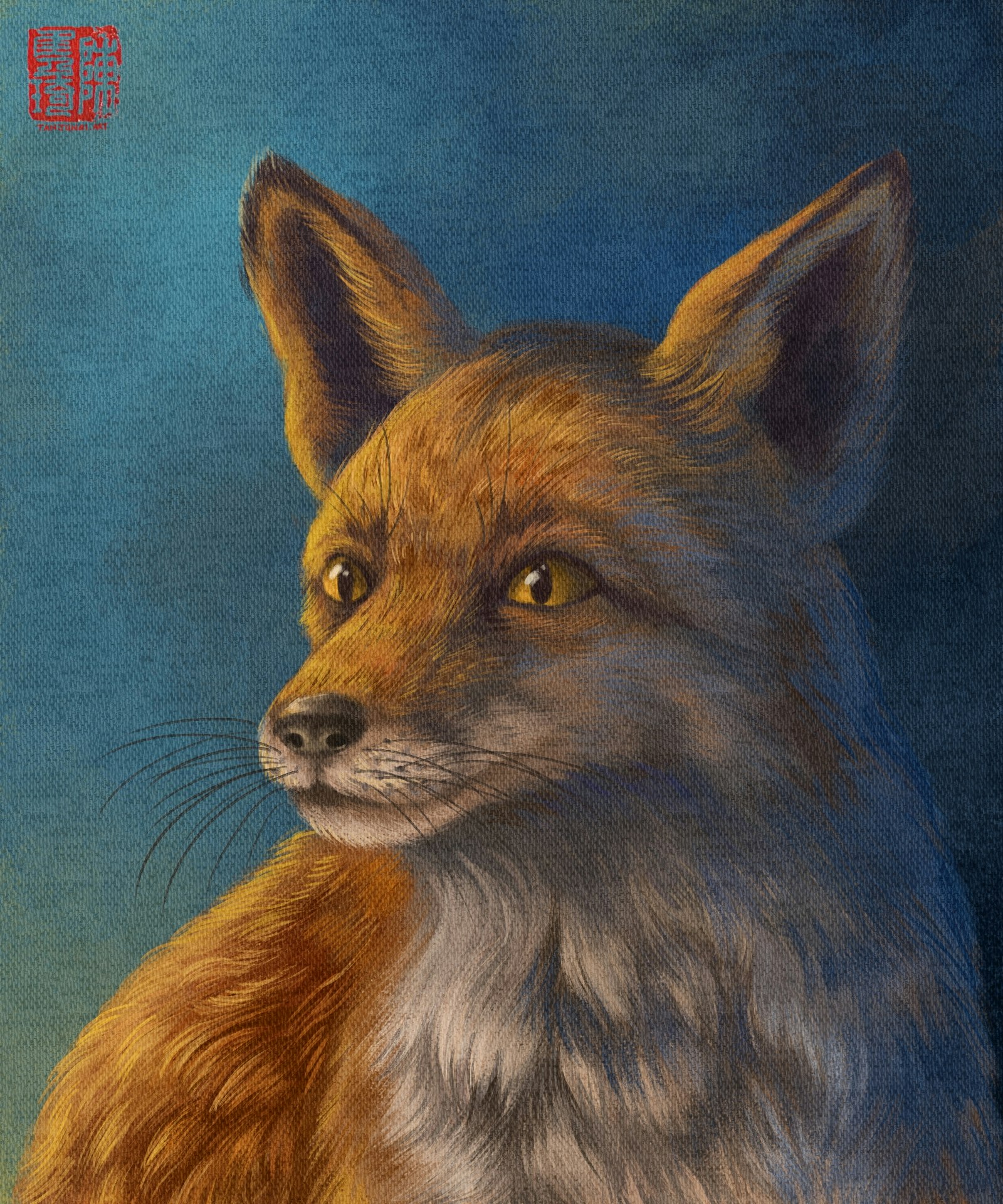 Digital painting close-up of a red fox, from its bust upward. The fox has its ears perked and is looking three-quarters to the left.