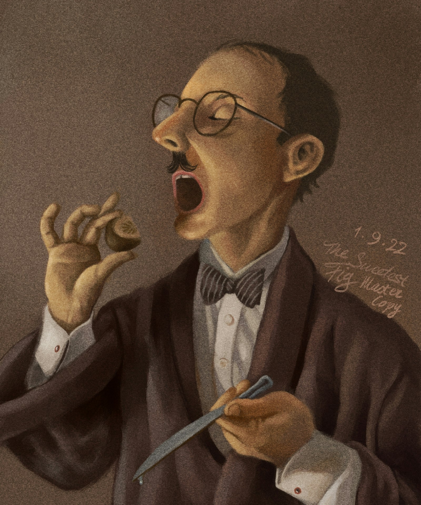 Digital painting master copy of the cover illustration of Chris Van Allsburg's The Sweetest Fig, showing a balding man with a sharp profile and wire-framed spectacles about to eat a quarter of a fig that he is holding up with his right hand. He is wearing a brown suit over a white shirt with a striped necktie, and holding a butterknife in another hand.